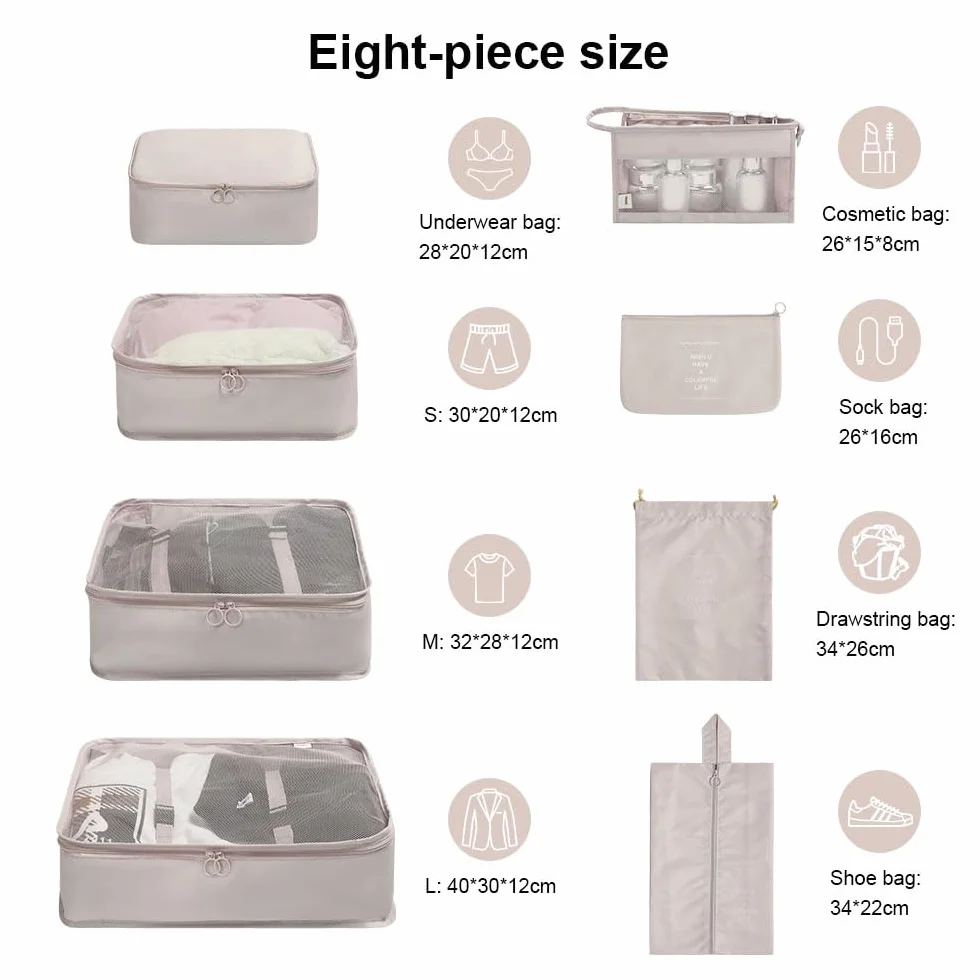 OSDUE Organisateur Valise Lot de 8 Cubes Étanche Sacs de Voyage Rangement Beige