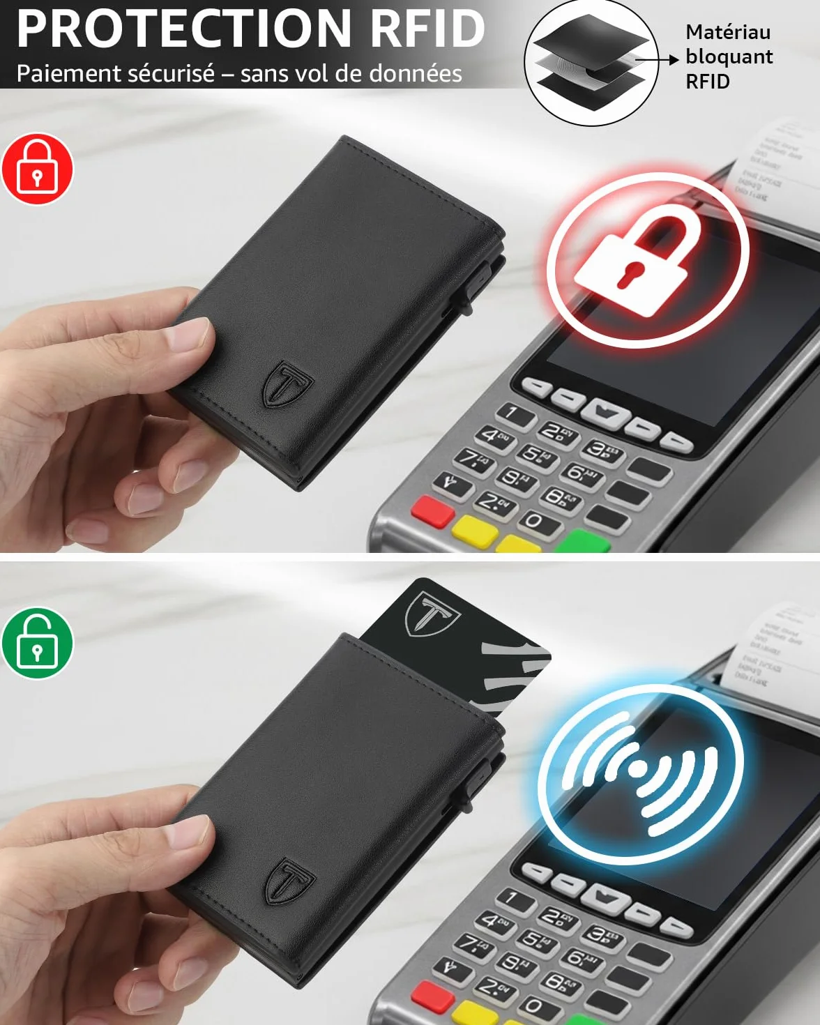 TEEHON Portefeuille Homme Cuir RFID Blocage 8 Porte Carte Crédit Compartiment Billets Poche Monnaie Noir