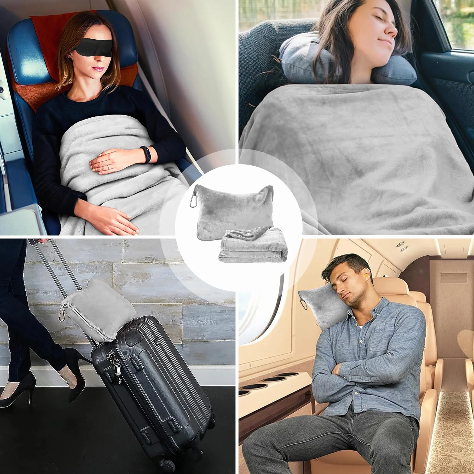 Couverture de voyage avion 2 en 1 coussin transformable ultra légère avec masque de sommeil et bouchons d'oreilles portable