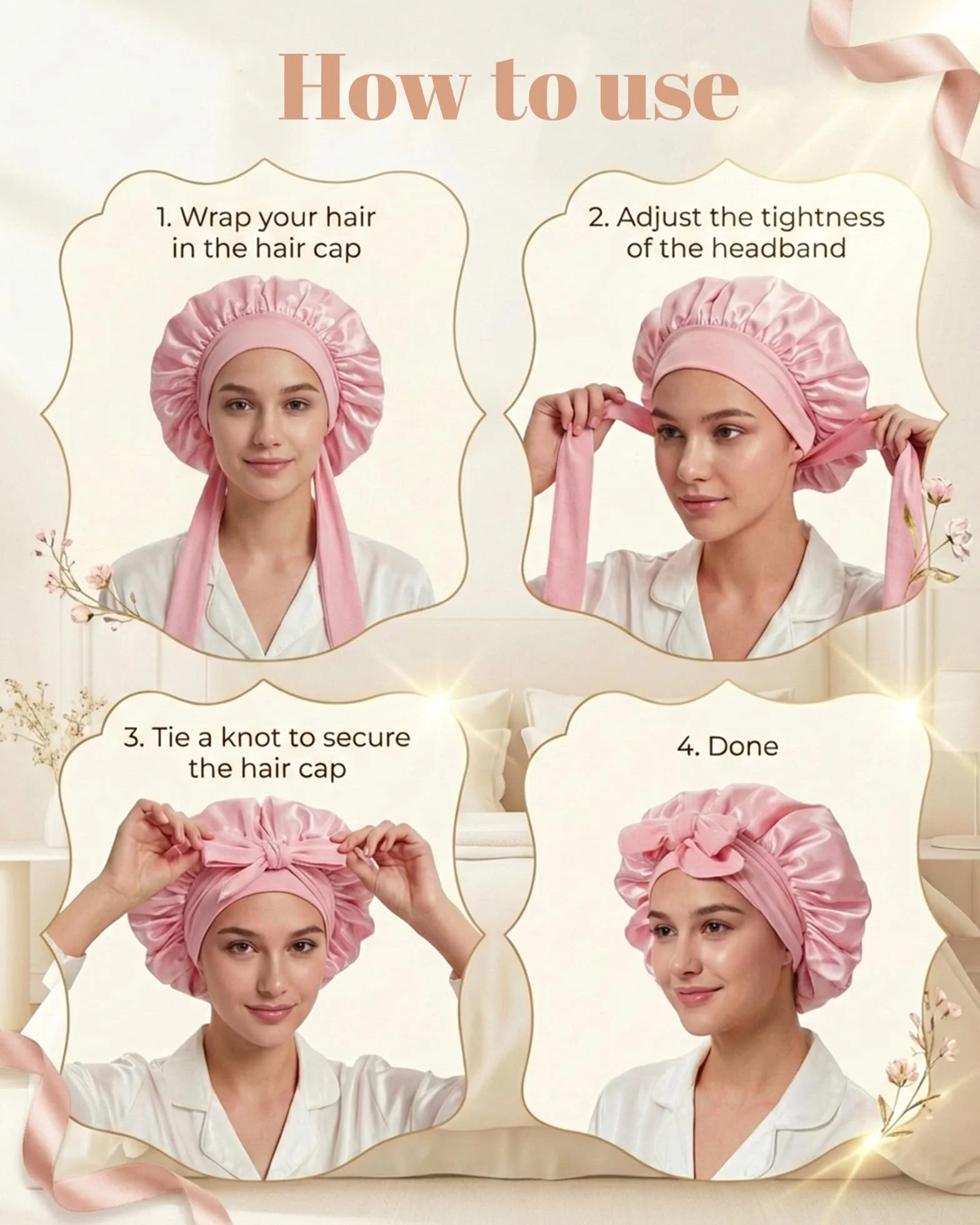 Lot de 2 Bonnet Satin Cheveux Nuit pour Femmes Cheveux Longs Bouclés Doux Respirant