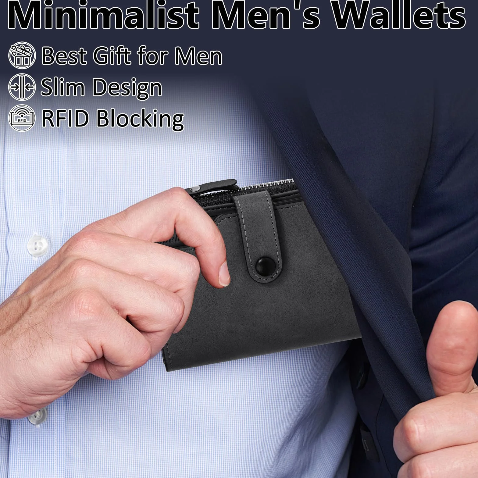 Portefeuille Homme RFID Bloquant Cuir PU avec 17 Porte Carte, Vertical Zippé Noir