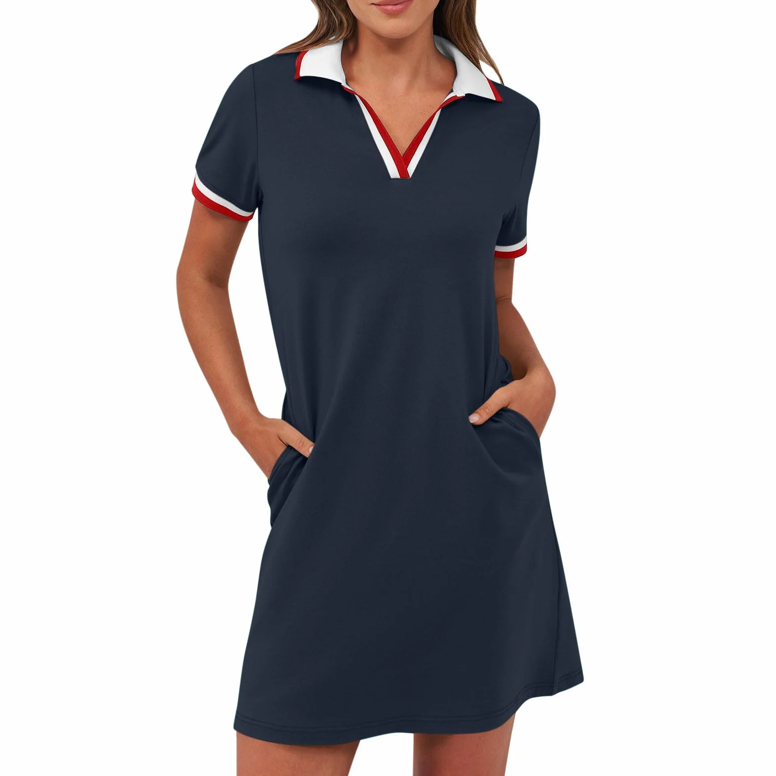 Robe polo femme manches courtes longueur genou sport été golf tennis couleur unie avec poches