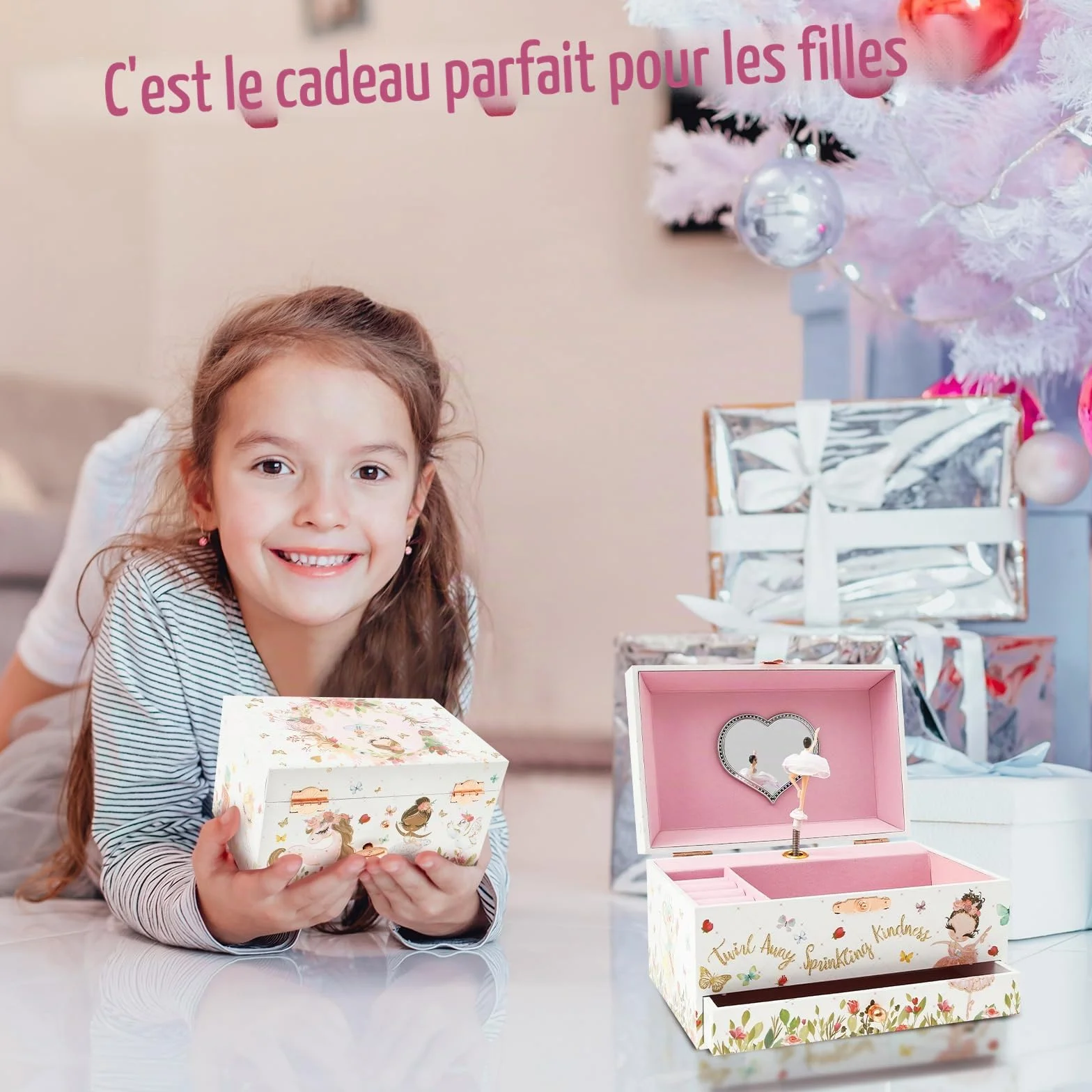 Boîte à bijoux musicale pour enfants petite princesse tournante 17,8 x 11,2 x 9,7 cm