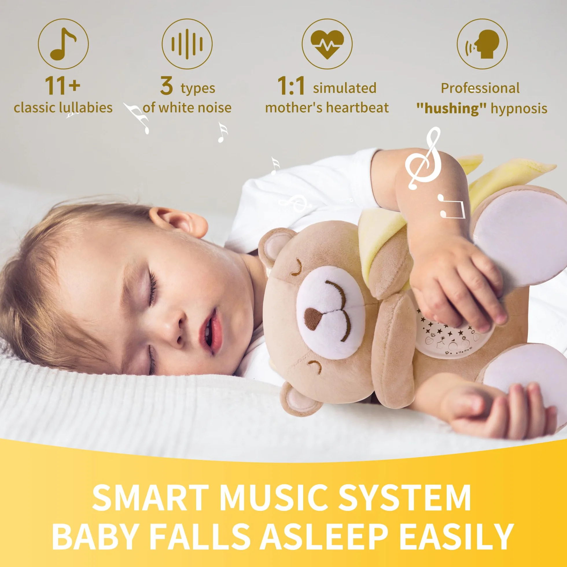 APUNOL Jouet en Peluche Musical Lumineux Bébé, Veilleuse Apaisante Ours avec Berceuse Projection Lumineuse Bruit Blanc, Cadeau Naissance