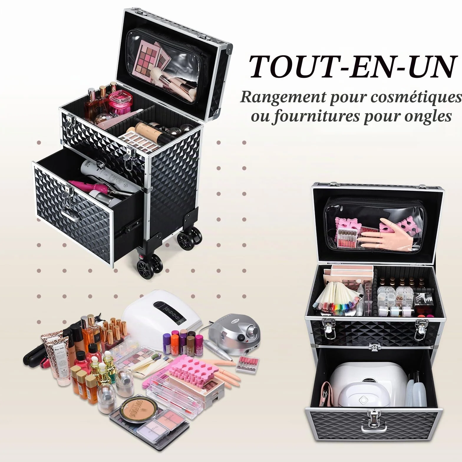 Valise Maquillage Professionnelle avec Roulettes et Casiers, Noir