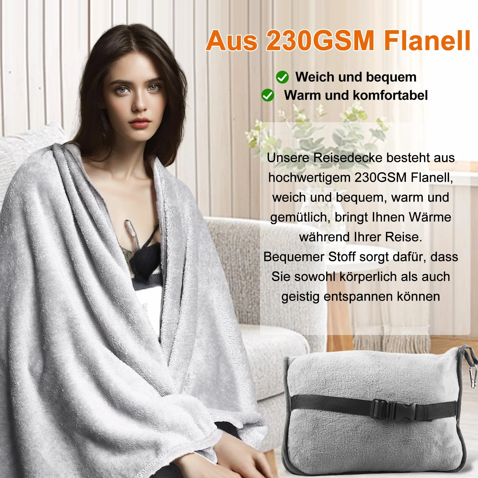 HOSPAOP Couverture de voyage 2 en 1 127x152 cm avec masque sommeil bouchons oreilles Gris
