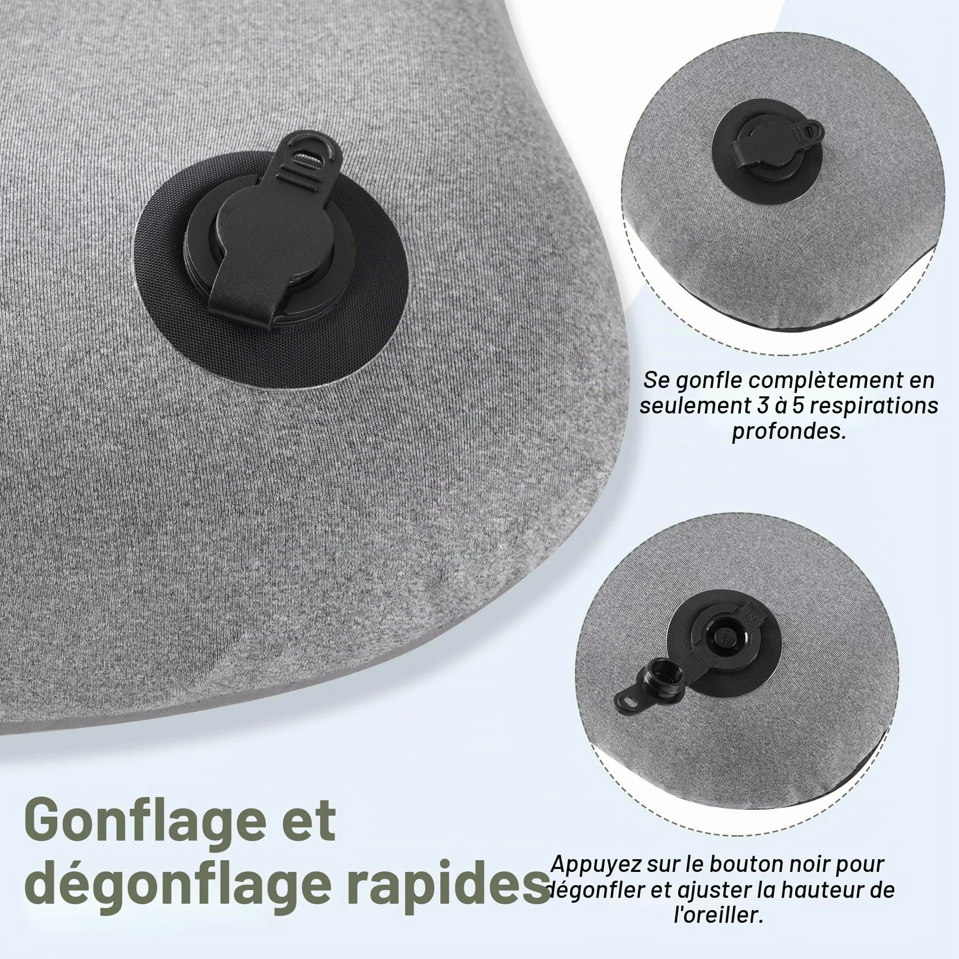 Oreiller Gonflable de Voyage Camping Ultra-léger Compact avec Sac de Transport Gris