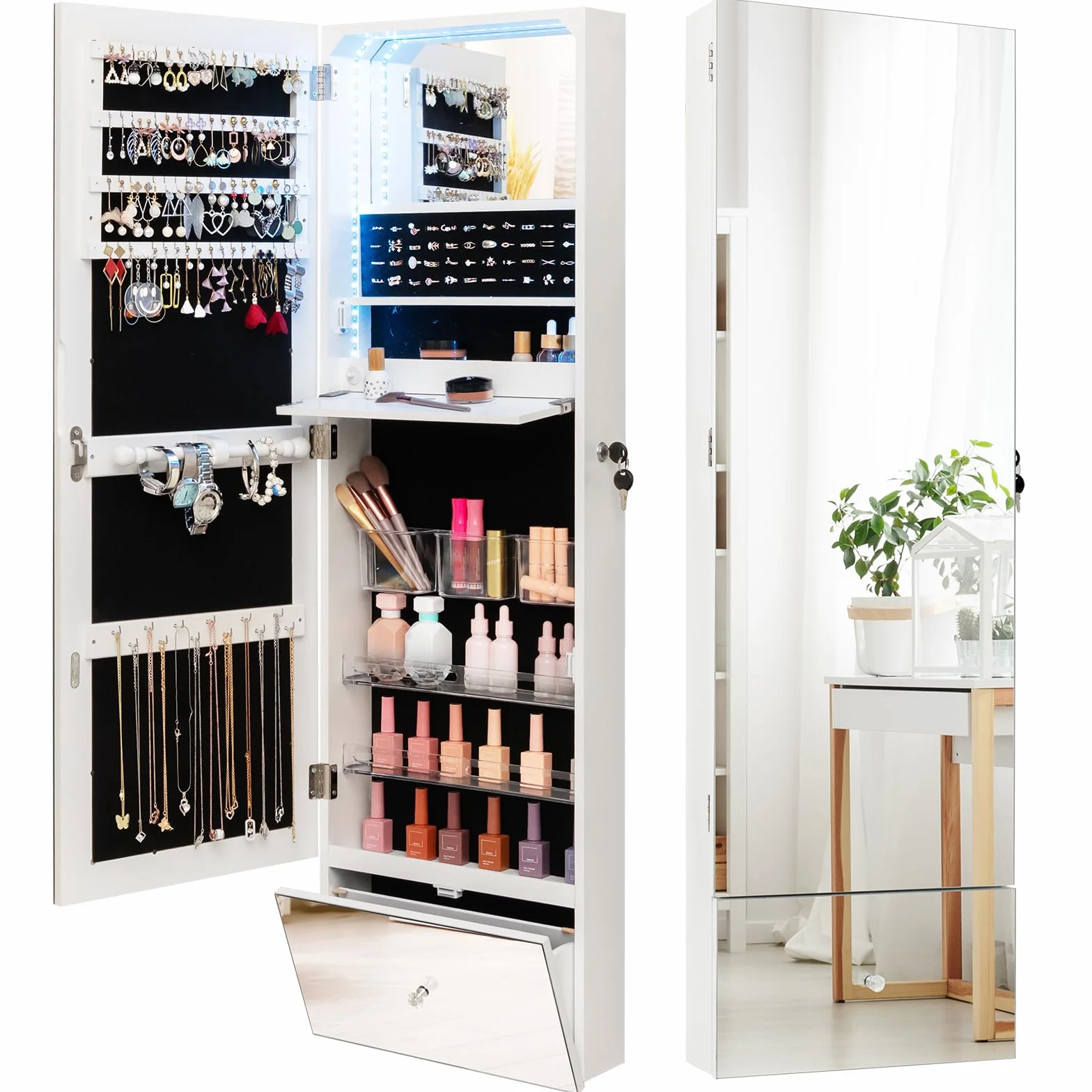 HOMASIS Armoire suspendue pour bijoux avec miroir et serrure, éclairage LED 3 couleurs, étagère pliable, 120 x 37 x 11 cm