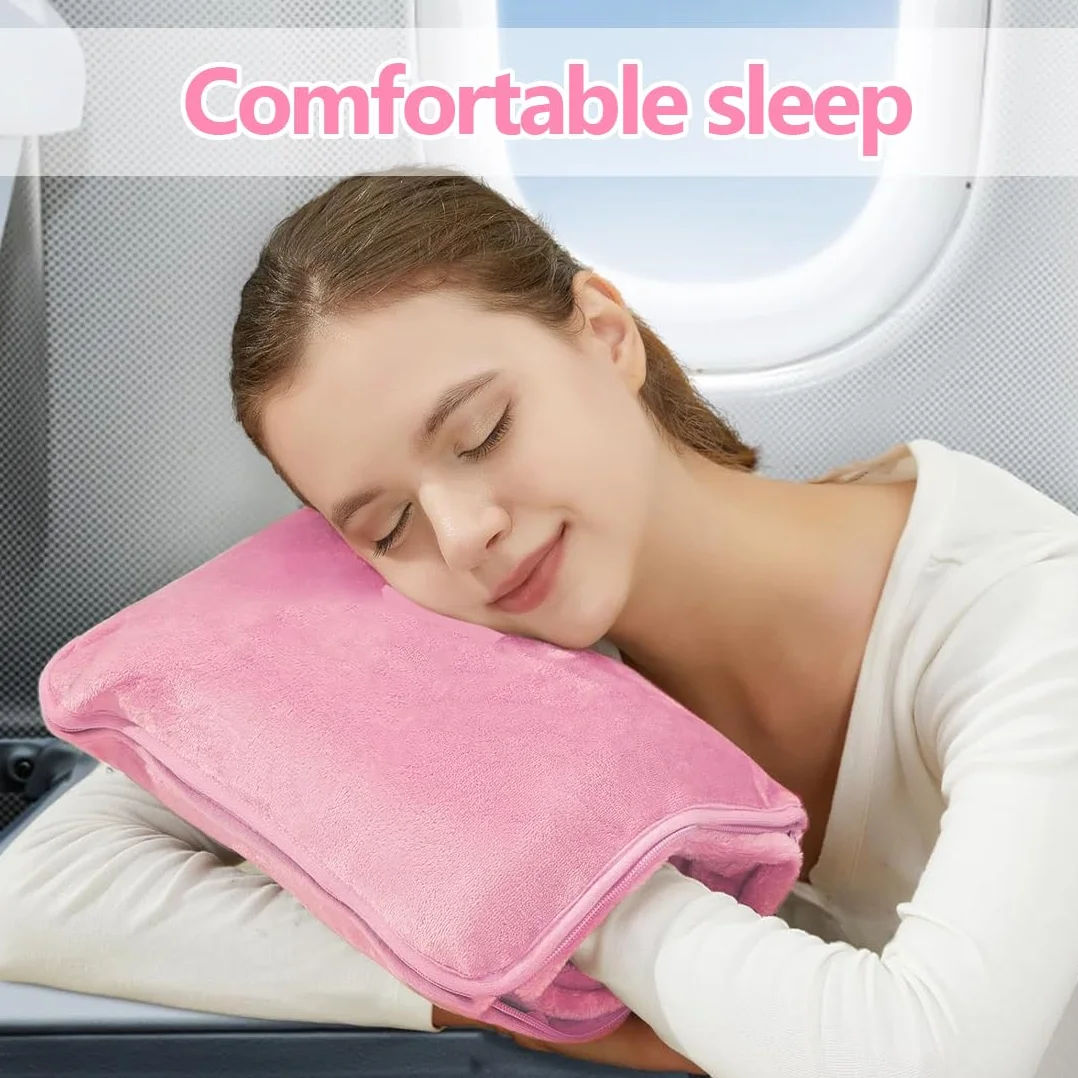 NHQZ Couverture de Voyage Douce et Chaude pour Avion et Voiture - Oreiller Compact avec Clip pour Sac à Dos (Rose)