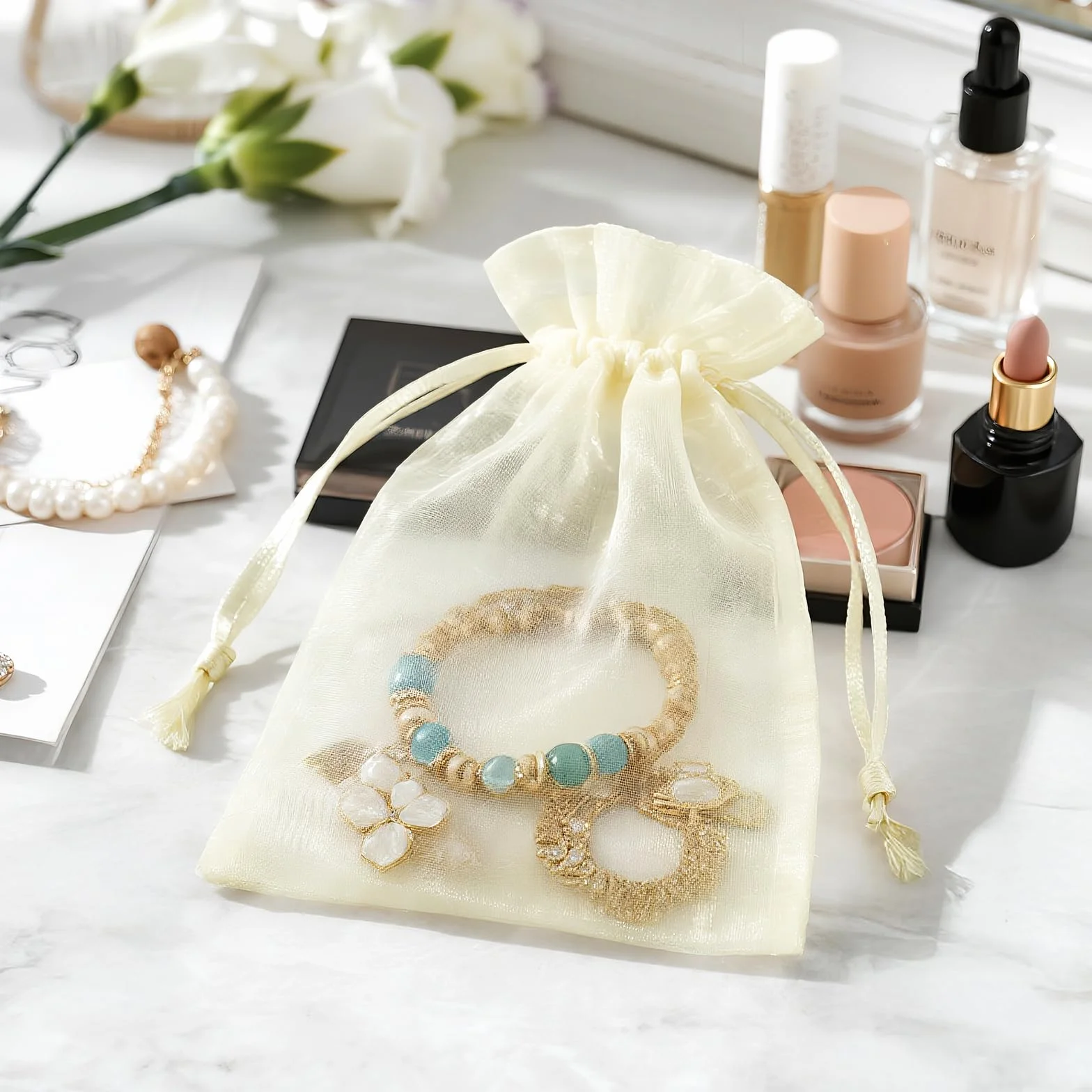 Lot de 50 sacs en organza beige clair 10 x 15 cm avec cordon de serrage pour cadeaux mariage bijoux