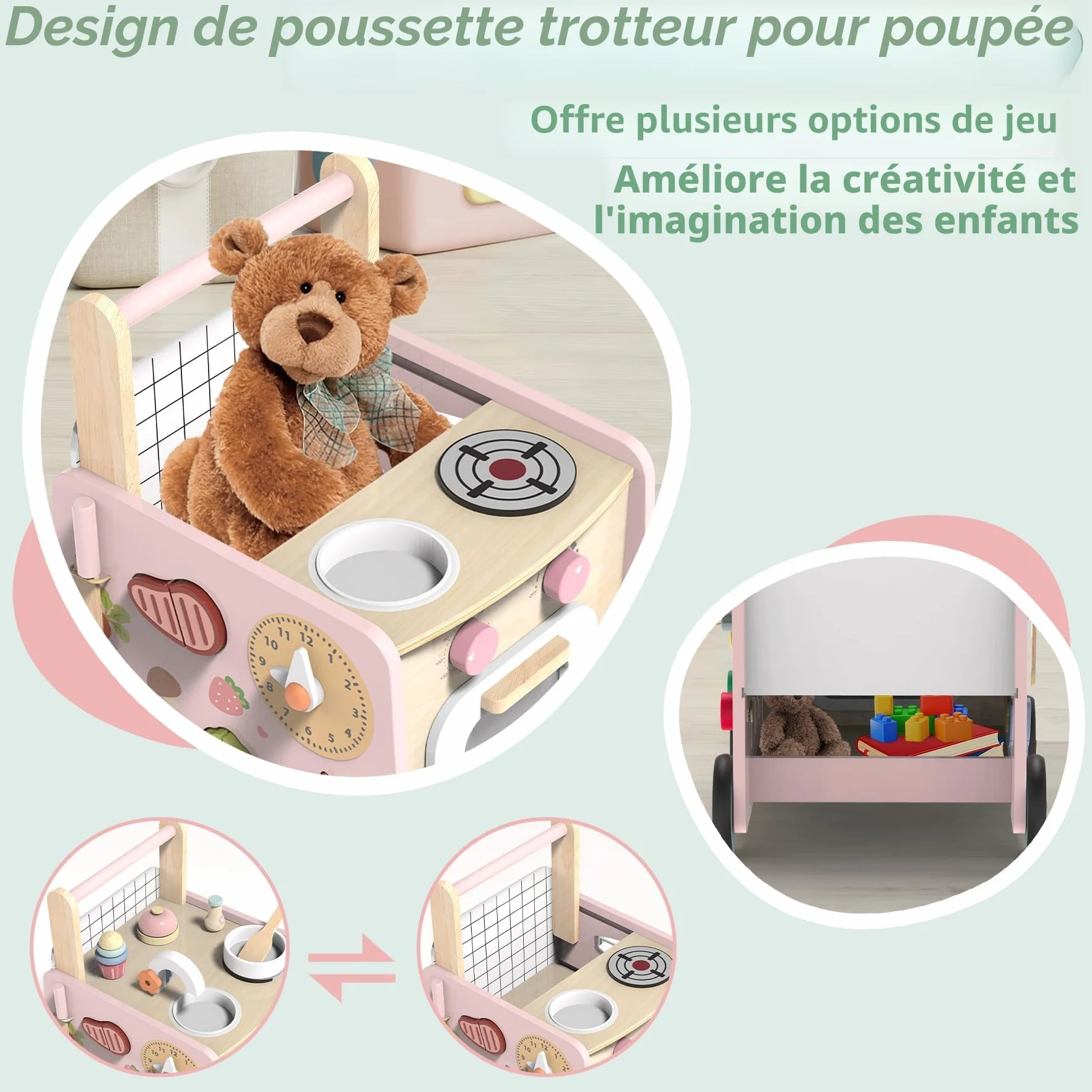 Trotteur Bébé en Bois 9 en 1 Chariot de Marche avec Jouets Montessori et Cuisine de Jeu