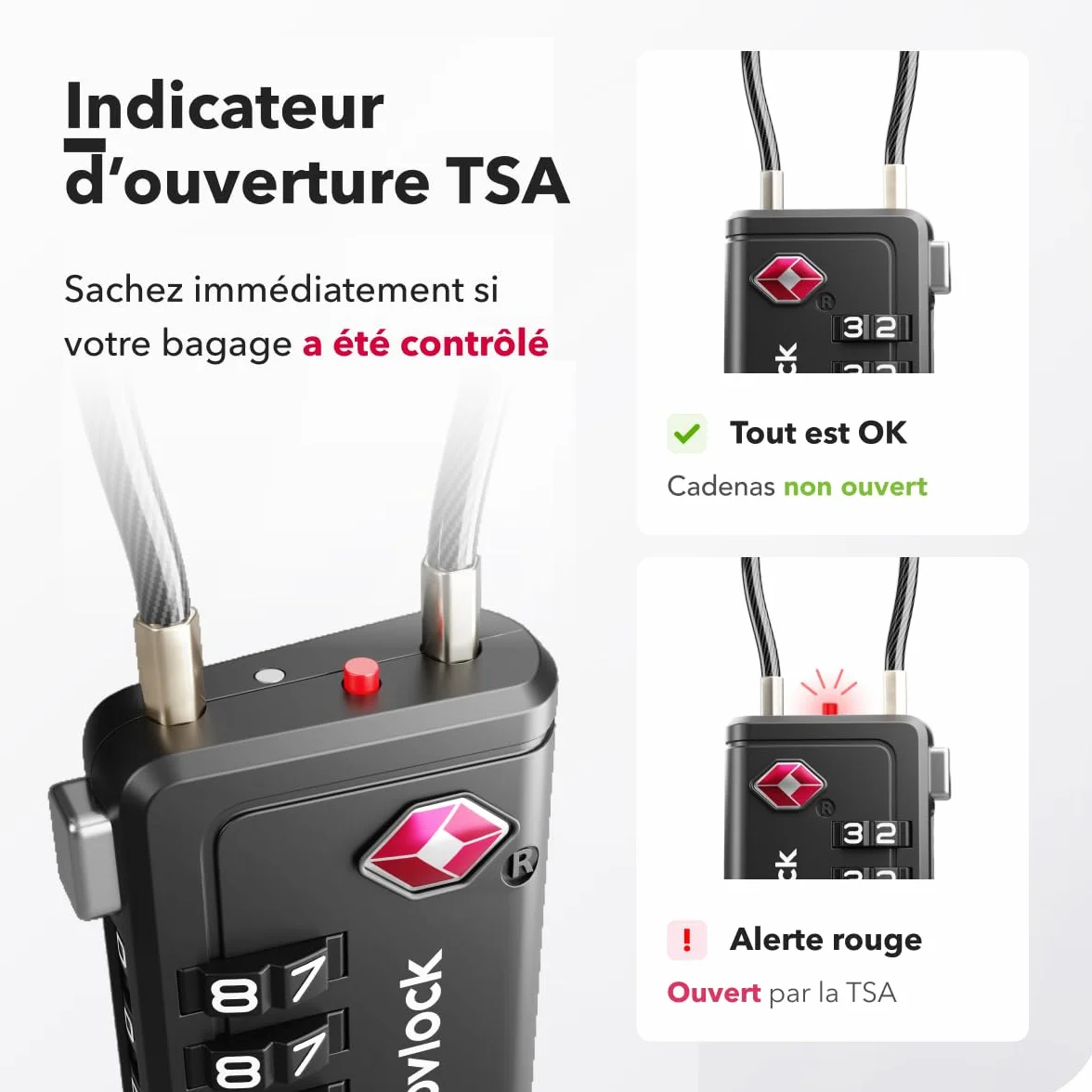 Cadenas TSA 4 chiffres Indicateur d'Ouverture Lot de 2 Noir pour Valise Bagage Cabine