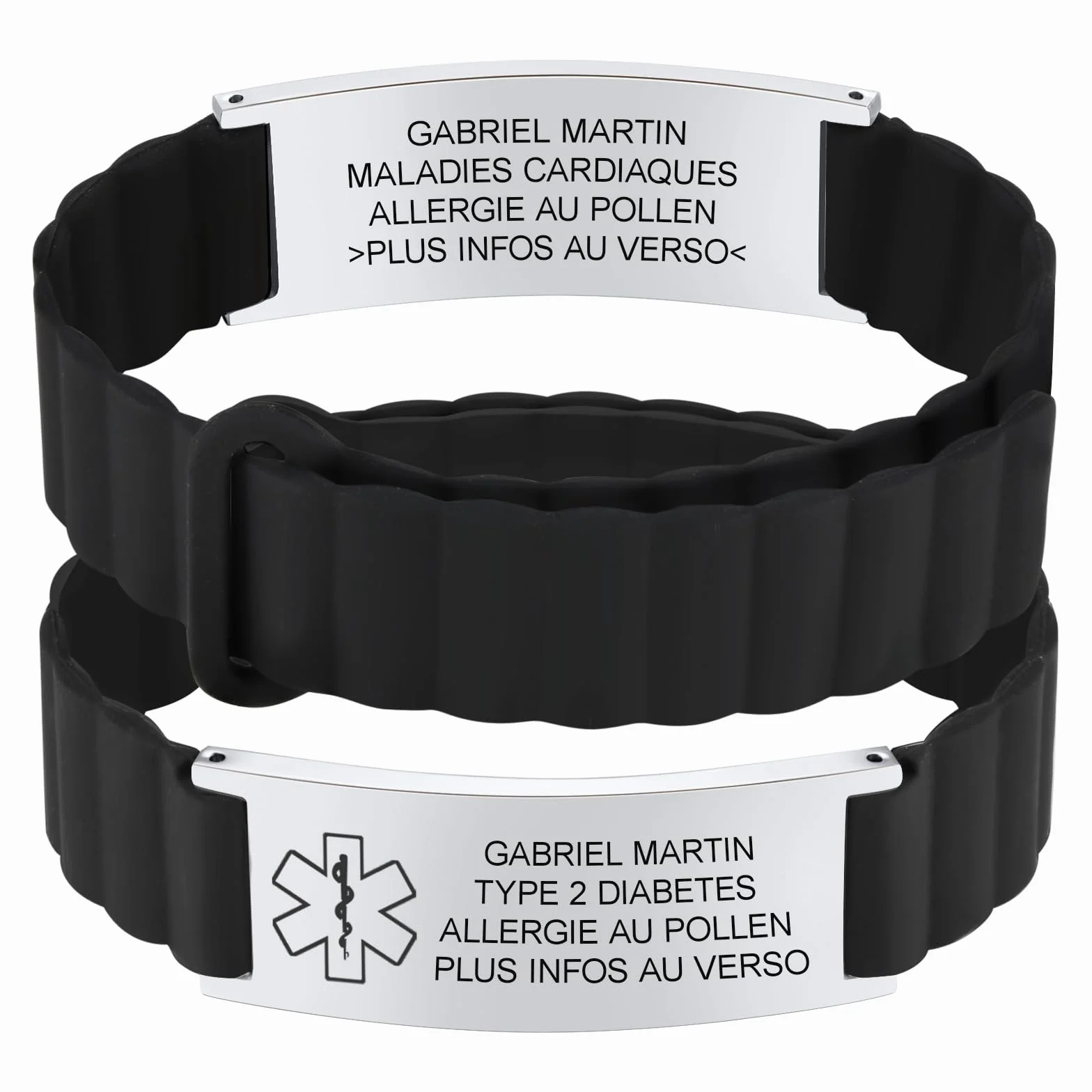 Gamtic Bracelet Médical Personnalisé Homme Femme - Imperméable Silicone Magnétique Réglable ID Sécurité SOS Sport Fitness
