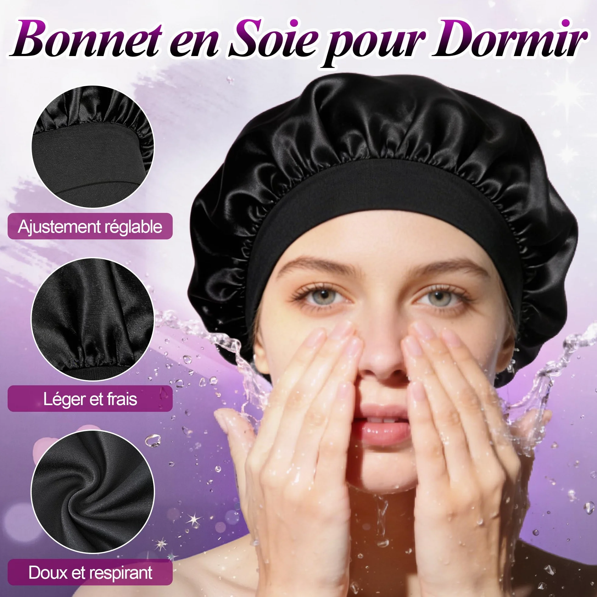 Lot de 2 Bonnets Satin Cheveux Nuit Anti-frisottis - Noir + Argent