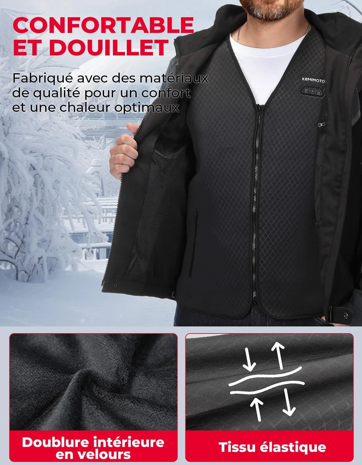 KEMIMOTO Gilet Chauffant Homme 6 Zones de Chaleur 3 Niveaux de Chauffage Tissu de Plongée Doublure en Velours Cristal Ski Pêche Moto