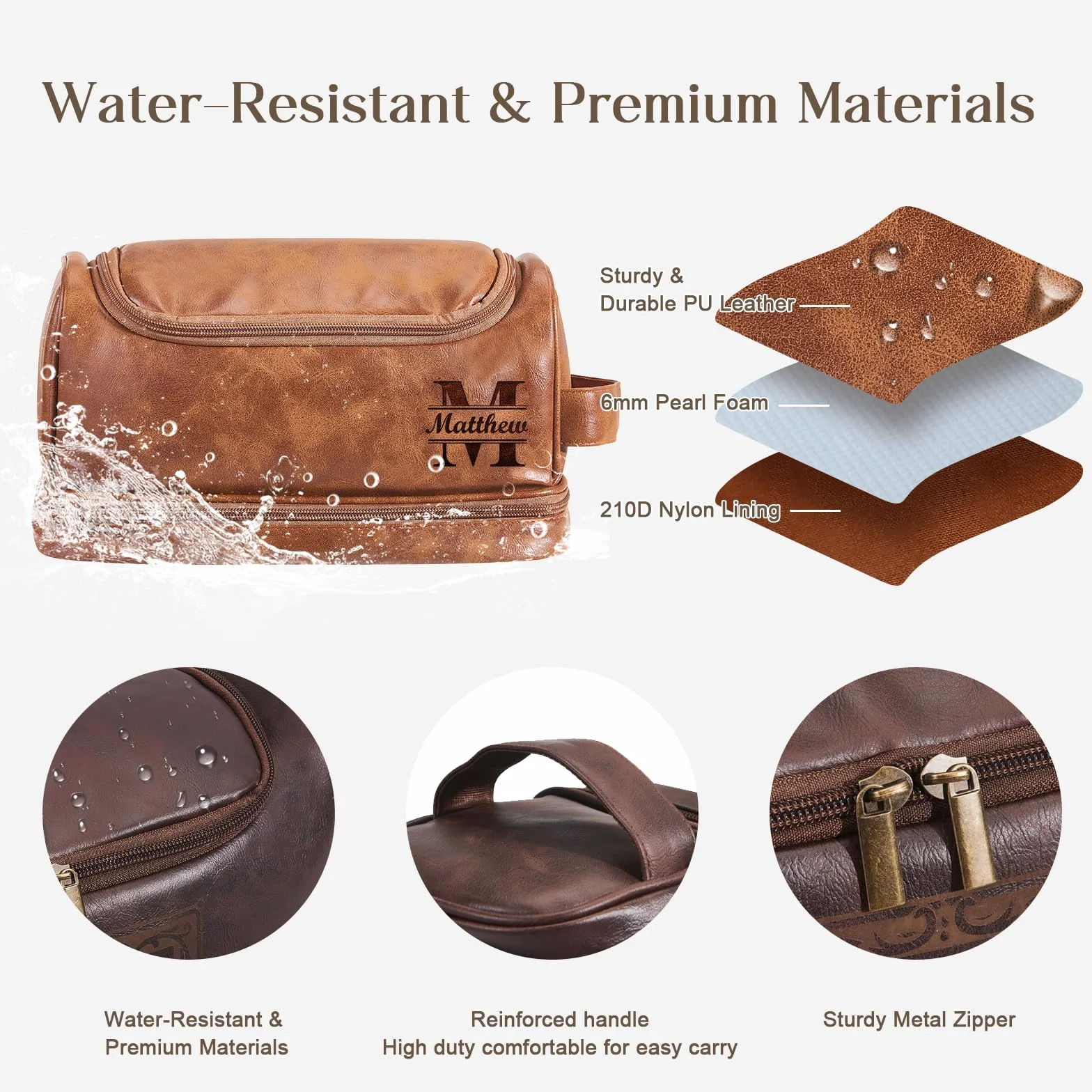 Grand sac de toilette en cuir PU 3-en-1 personnalisé pour hommes avec monogramme gravé au laser