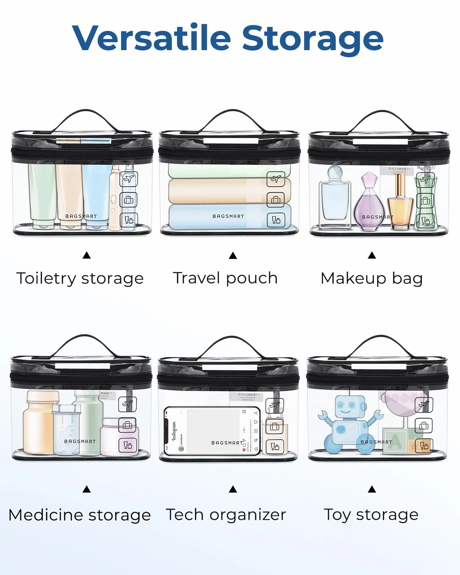 BAGSMART Lot de 2 Trousses de Toilette Transparentes Imperméable TSA Noir 1.6L