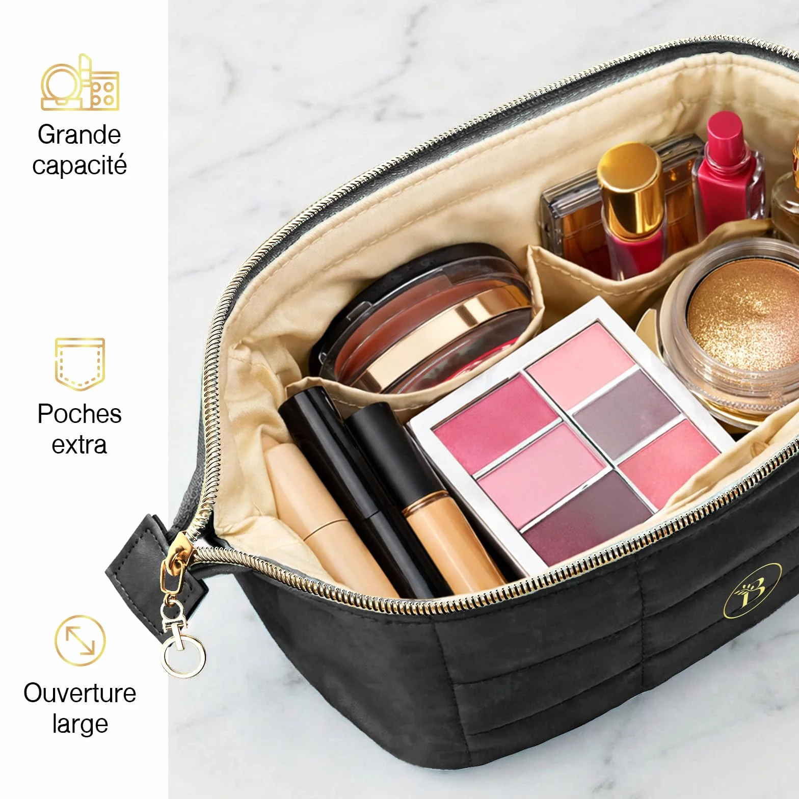 Trousse de Toilette Femme Noir Matelassée Grande Ouverture Organisateur Maquillage Voyage