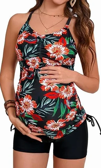 Maacie Maillot De Bain De Maternité Deux Pièces Dos Nu Fleur Rouge
