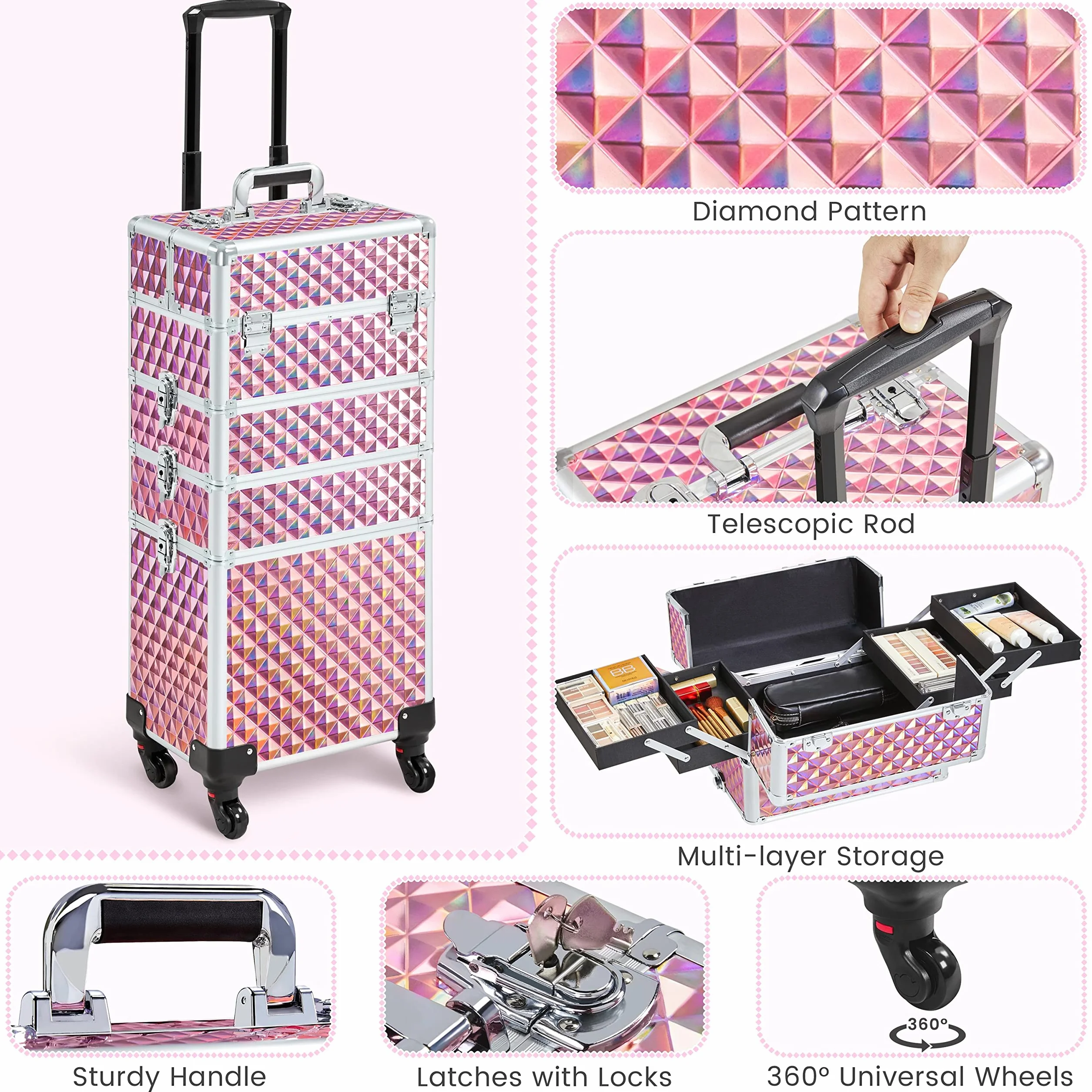 Abician Grande Valise de Maquillage 4 en 1 Mallette Professionnelle Beauty Case Voyage 34×25,5×80,2 cm Rose Pailleté