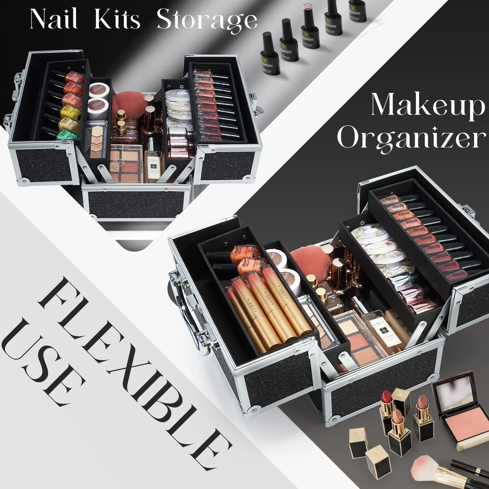 Malette Maquillage Vide Boite Rangement Verrouillable Vanity Noir