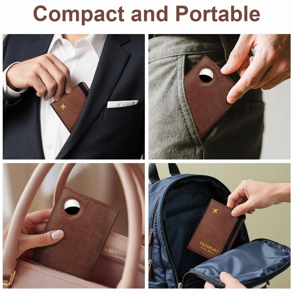 Porte-Passeport Anti-RFID en Cuir PU Marron pour Documents de Voyage et Airtag