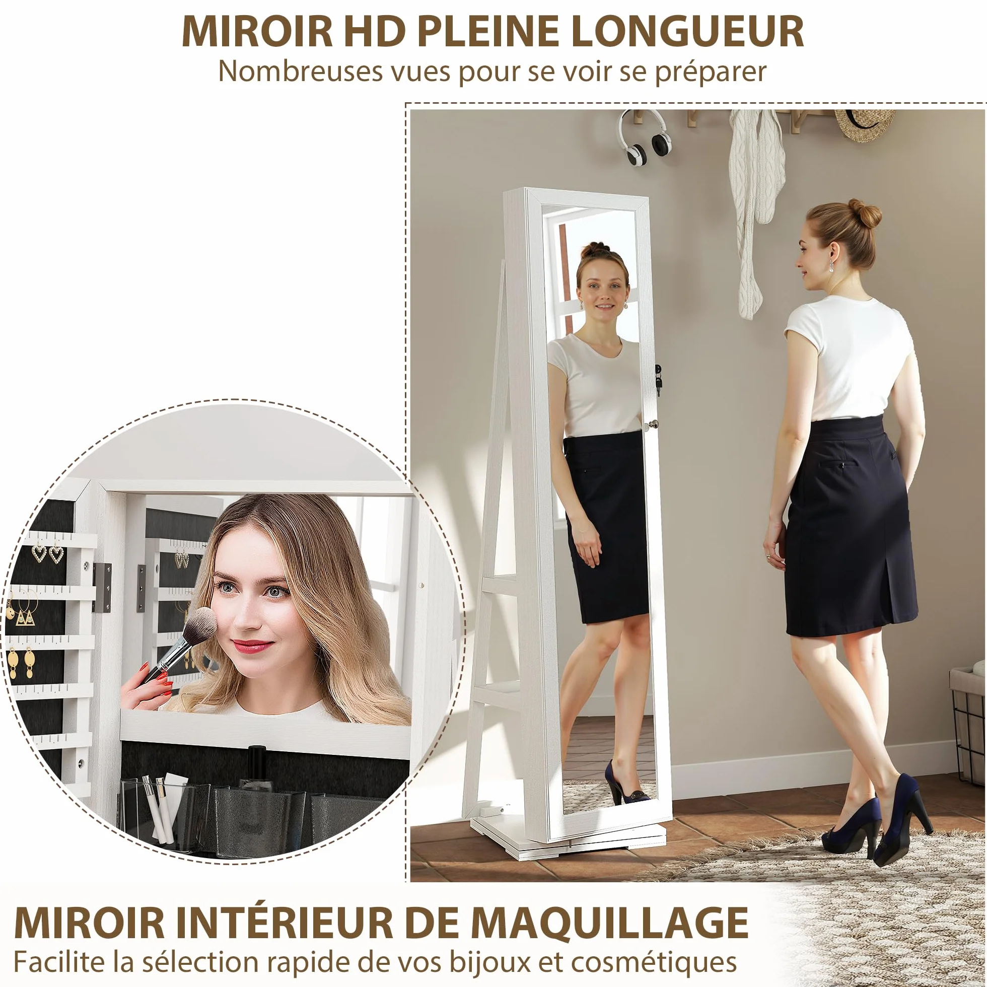 HOMCOM Armoire à Bijoux pivotante verrouillable avec Miroir en Bois Blanc