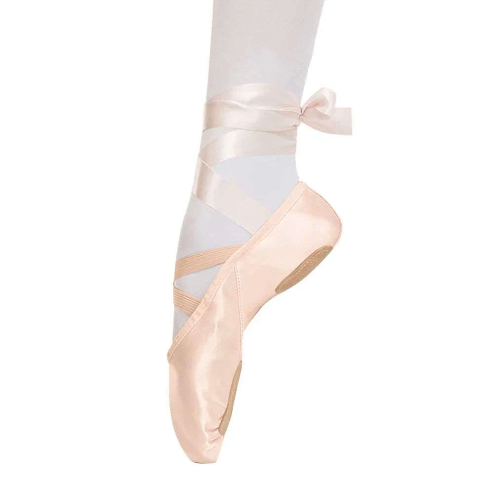 Chaussures de Danse Satin Demi Pointe Ballerine avec Ruban Rose pour Enfants et Adultes