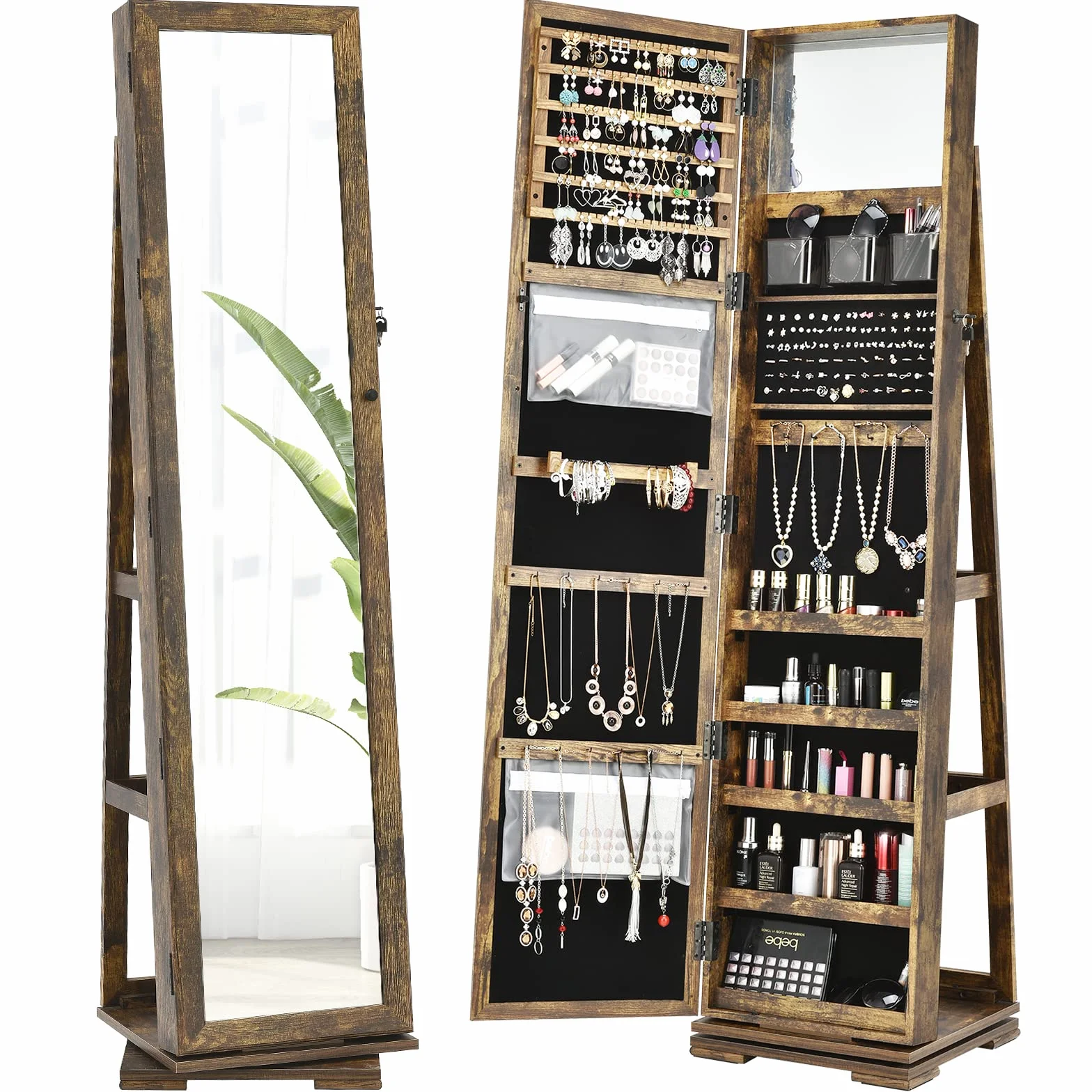 RELAX4LIFE Armoire à Bijoux Pivotante 360º avec Miroir sur Pieds, Verrouillable à Clés, 3 Étagères, Marron Rustique