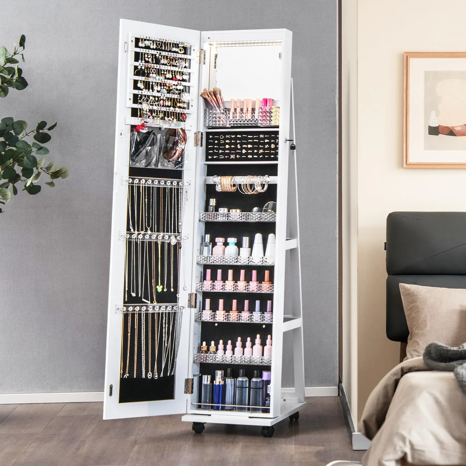RELAX4LIF Armoire à Bijoux Roulettes 360º Miroir Pleine Longueur LED 5 Étagères Réglables Blanc