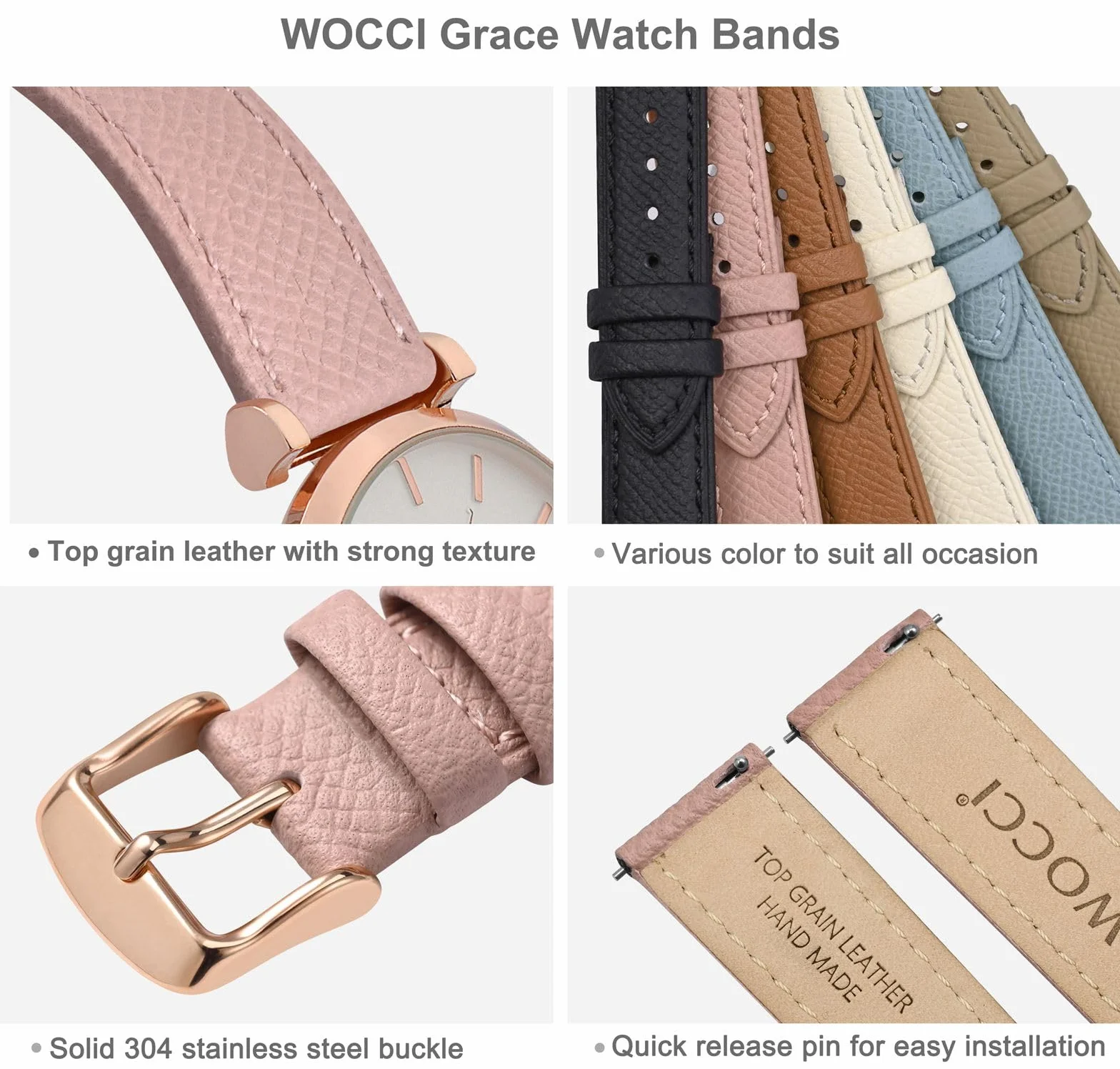 WOCCI Bracelet de Montre Cuir Grain Supérieur Libération Rapide Bande Remplacement Boucle Acier Inoxydable 12mm 14mm 16mm 18mm 20mm