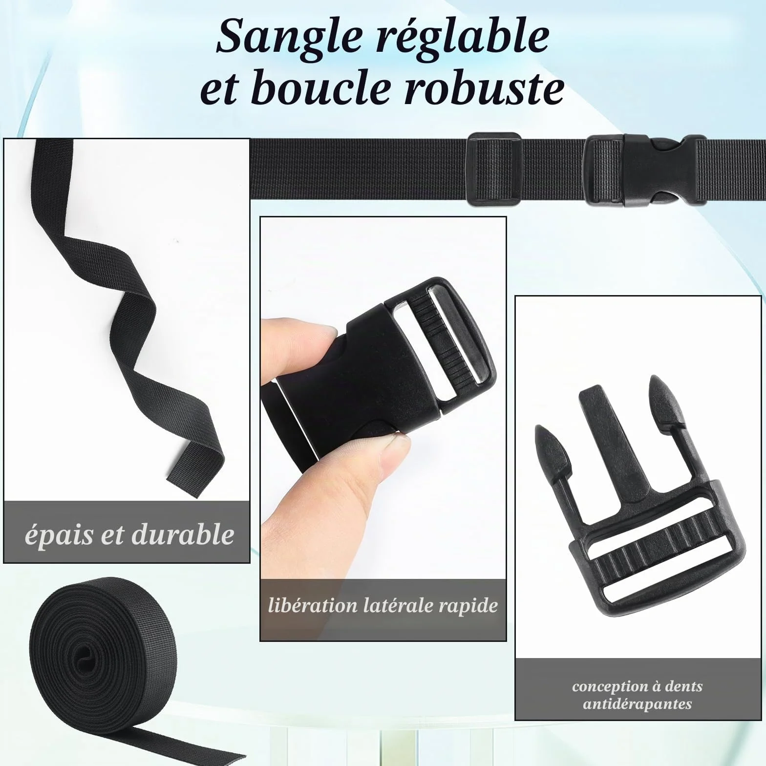 Sangle 25mm x 5m avec 10 Boucles Plastique Clip et 10 Tri-Glide Curseurs Plastique pour Sacs à Dos