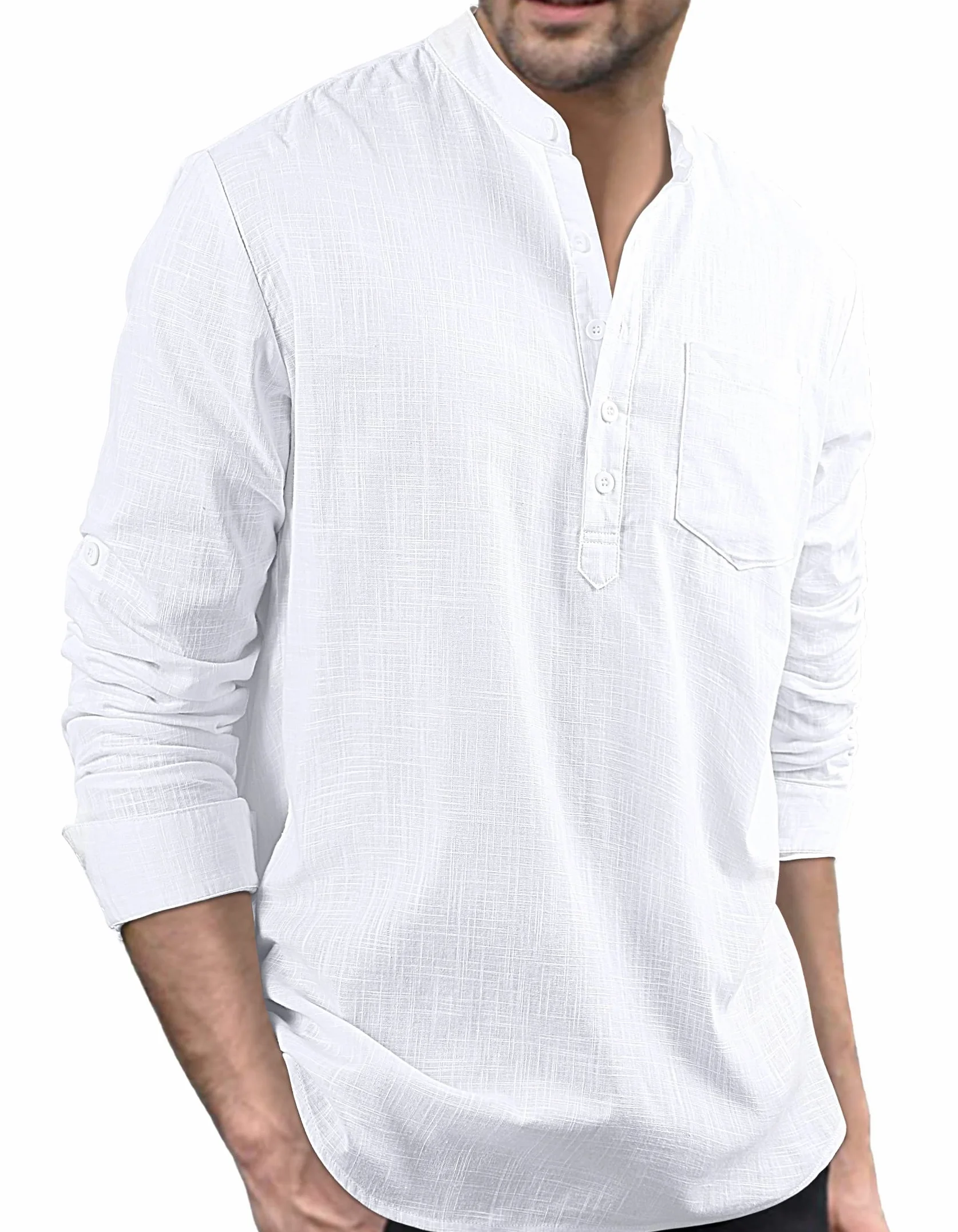 Enlision Chemises Hommes Lin Henley Manches Longues Mao Chemise Plage