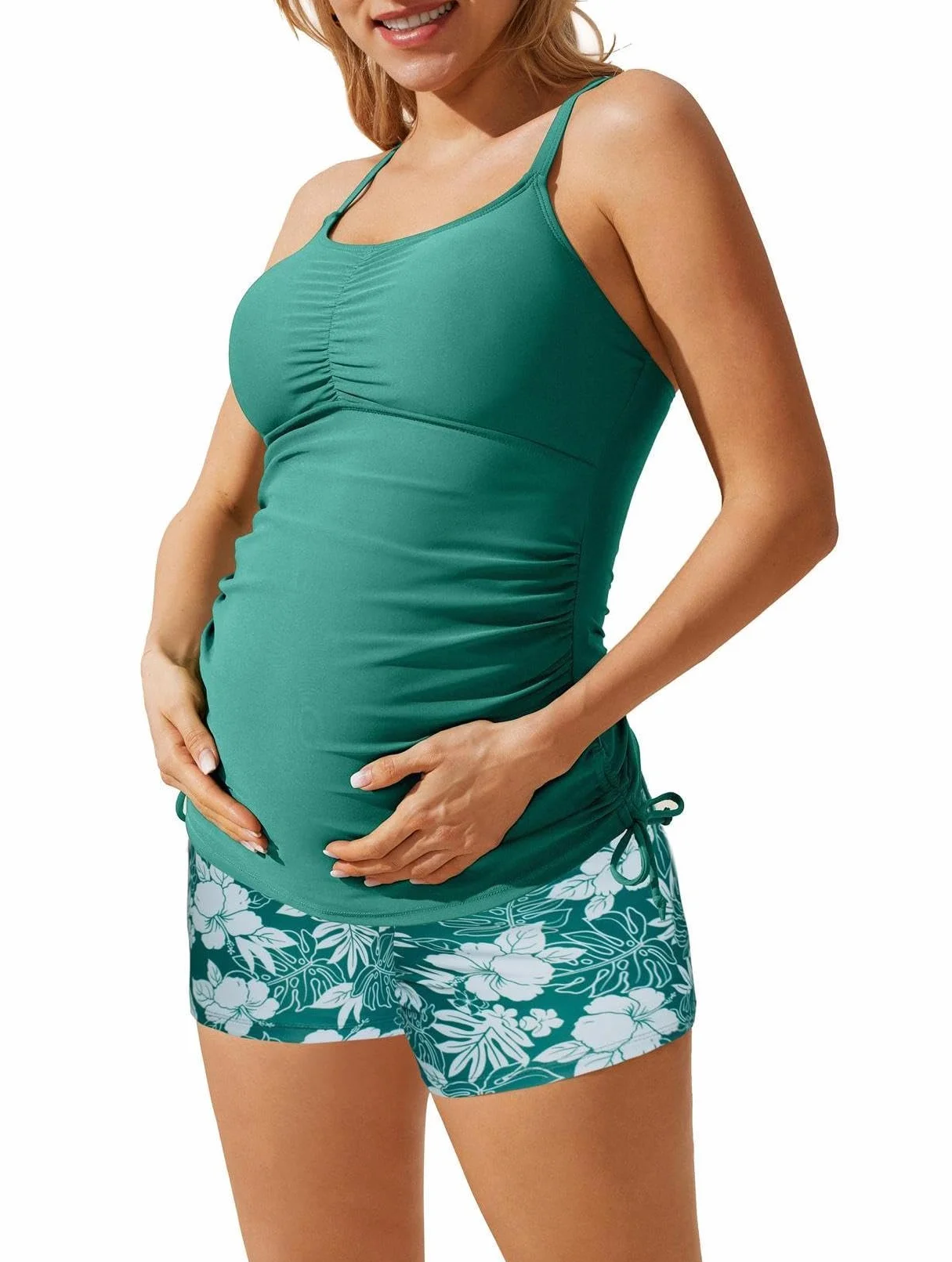 Maacie Maillot De Bain Deux Pièces Maternité Dos Nu Plissé Vert Fleurs