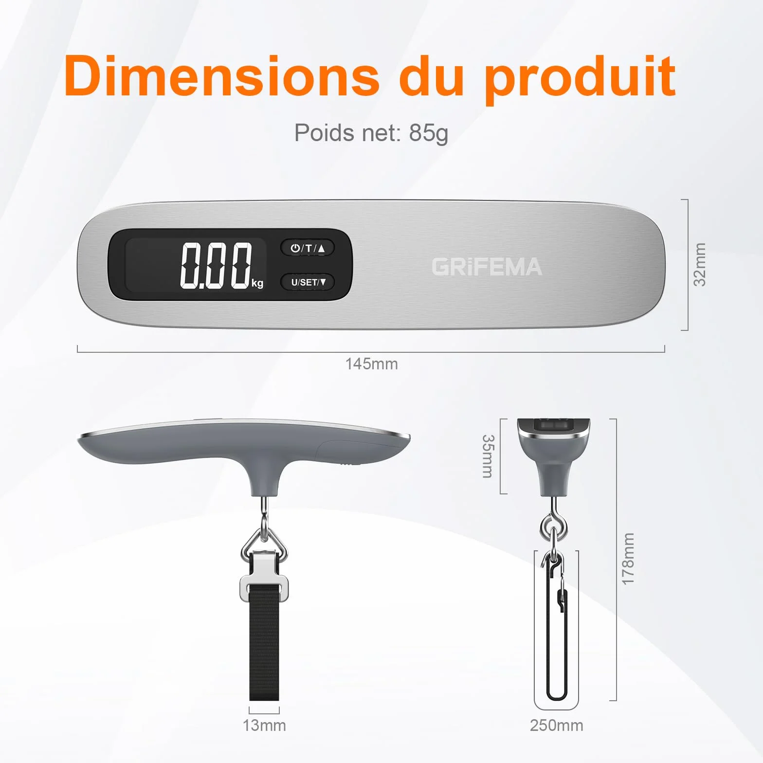 GRIFEMA GA2006 Pese Numérique pour Bagages Balance Portable Valise de Voyage avec Fonction Tare 110 lb 50 kg Noir Argent
