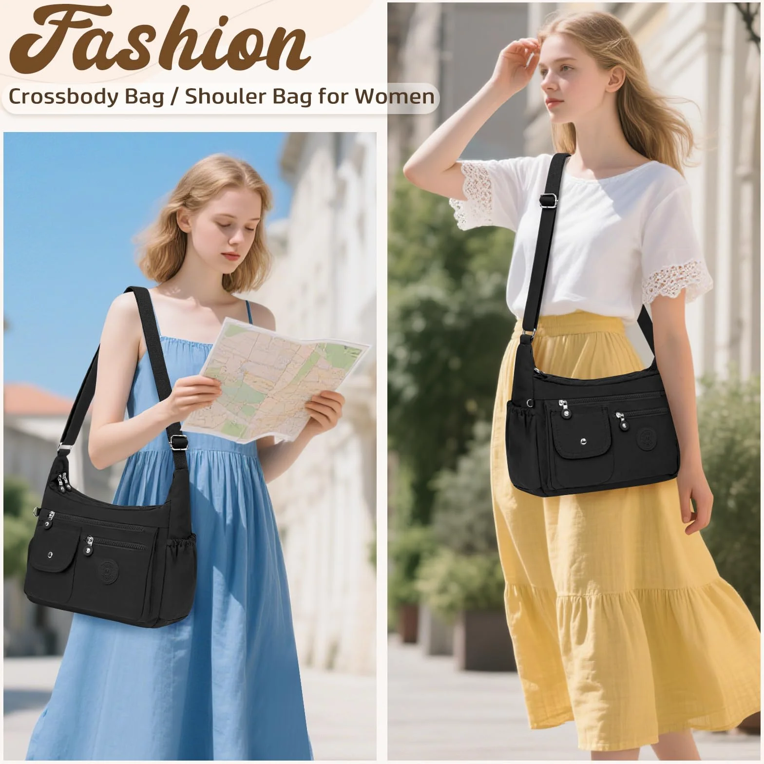 Sac Bandoulière Femme Nylon Impermeable Sacoche Multipoches Messenger avec Bandoulière Réglable