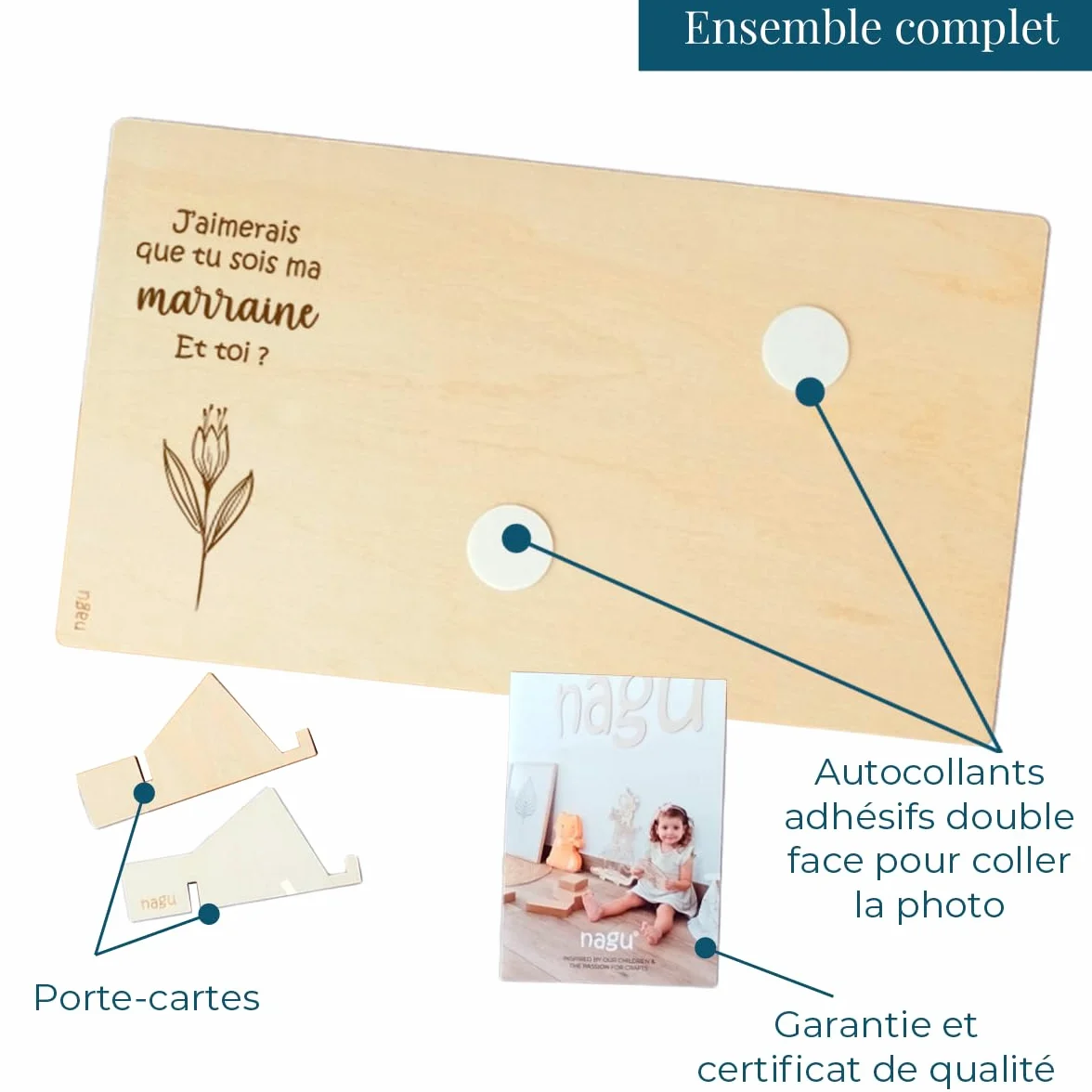 Nagu Cadre Photo en Bois 10x15 cm – Cadeau Personnalisé Baptême – Support de Table