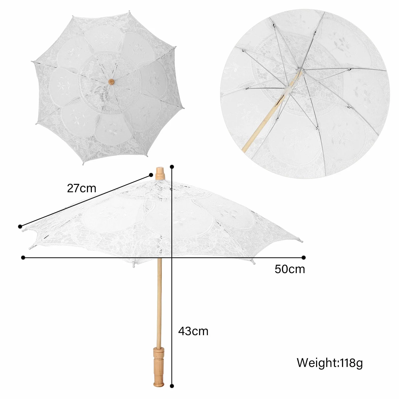 Parapluie de Mariée en Dentelle avec Manche en Bois, Broderie Fleurs Faite à la Main (L)