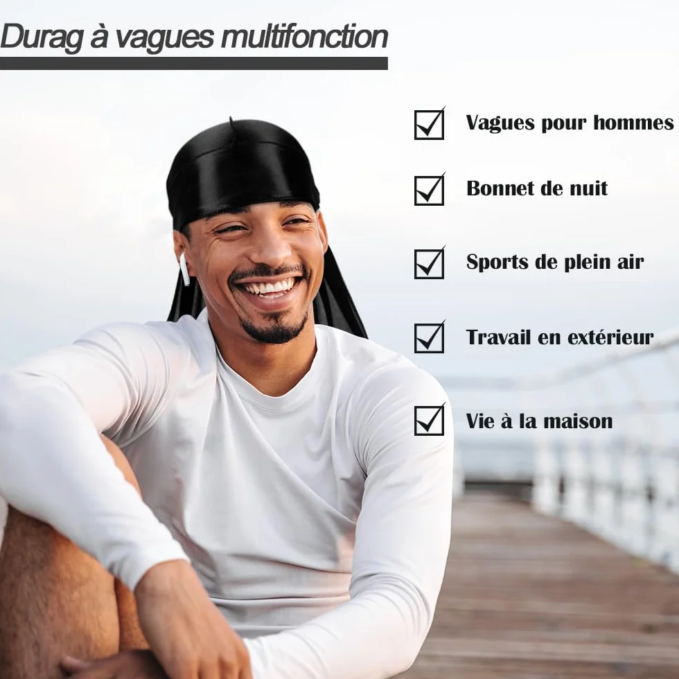 Lot de 6 Durags en Satin pour Hommes avec Longue Queue et Larges Bandes