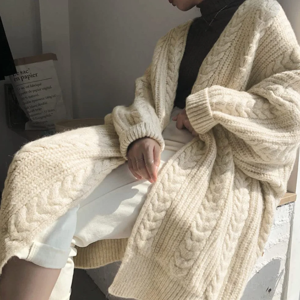 Cardigan Femme Vintage Beige Col V Lâche Manches Longues Pull Tricot Manteau Doux Chaud Mi-Long Taille Unique