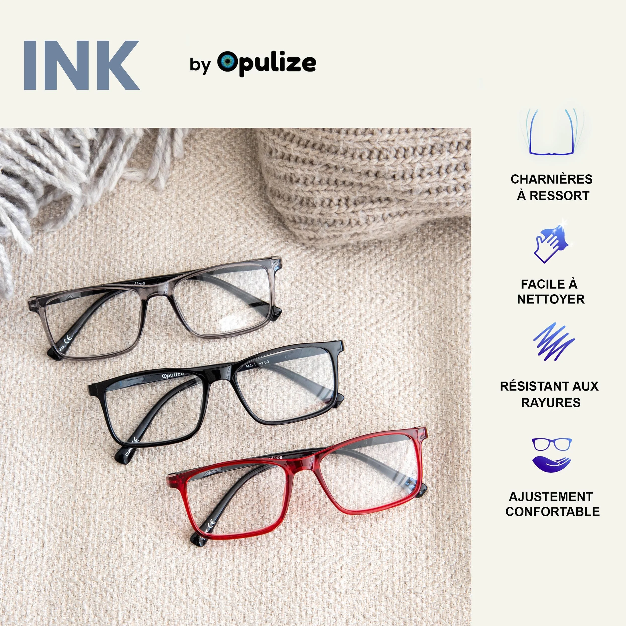 OPULIZE Ink Pack 3 Lunettes De Lecture Grand Noir Gris Rouge Hommes Femmes Charnières Ressort RRR4-17Z +2,50