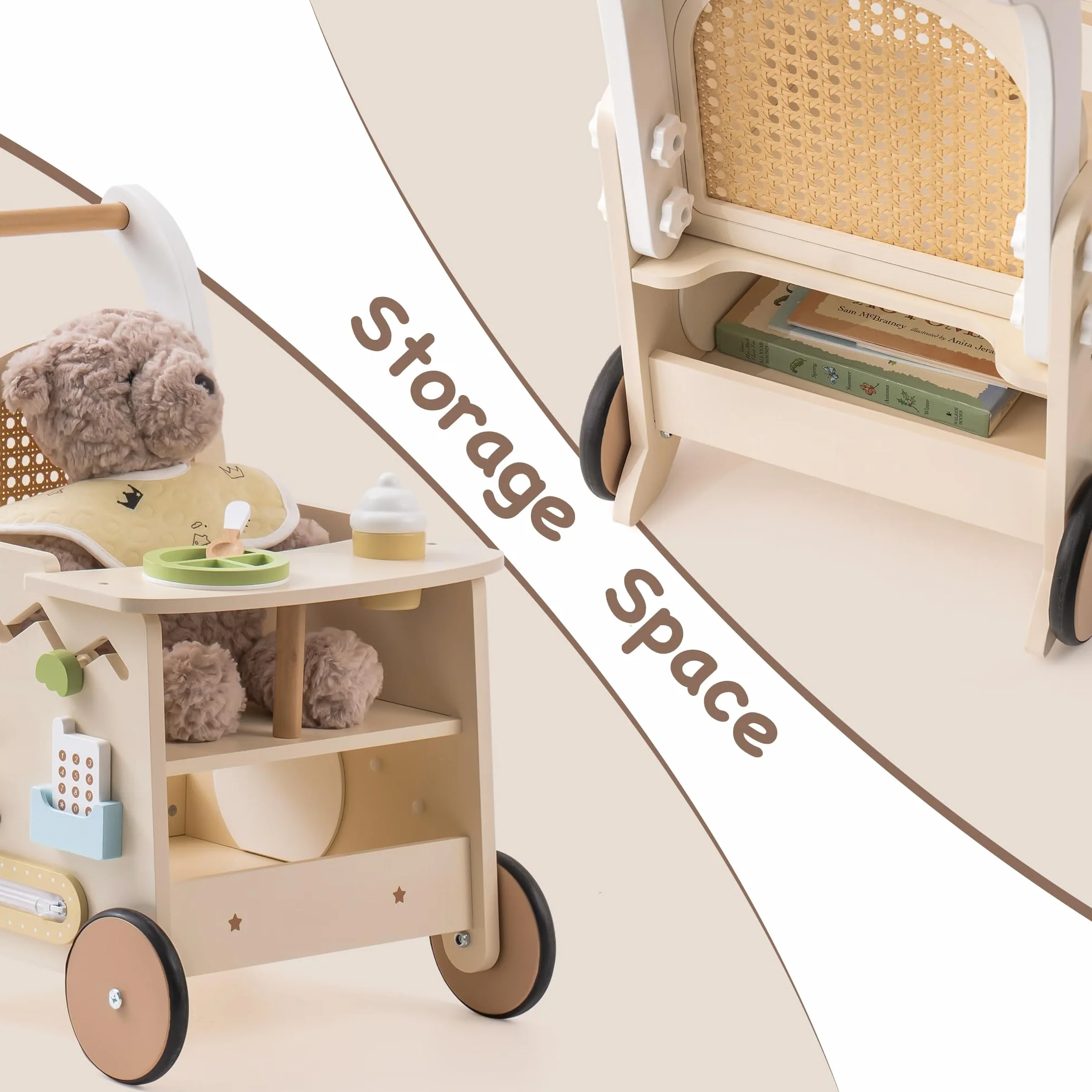 ROBOTIME landau en bois pour bébé, poussette de marche à pousser/tirer, marcheur avec contrôle de vitesse, dès 10 mois