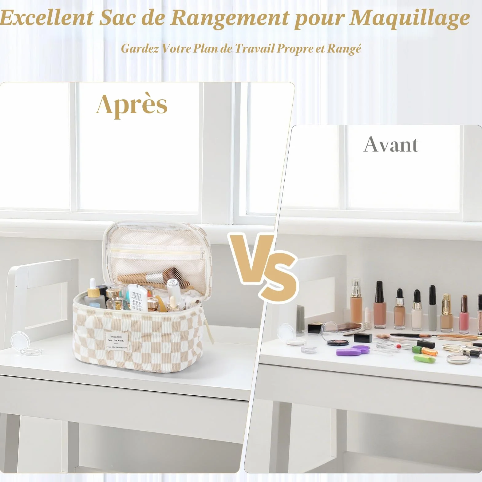 Lot de 3 Trousses de Toilette pour Femme Motif Floral Matelassée Portable Voyage (Kaki)