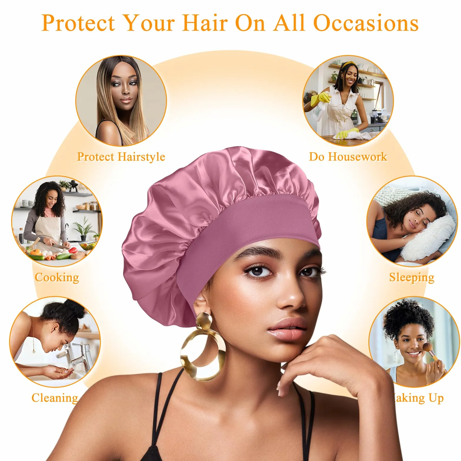 Bonnet Satin Cheveux Nuit Ajustable Élastique Femme Soin Cheveux Bouclés 2 Pièces