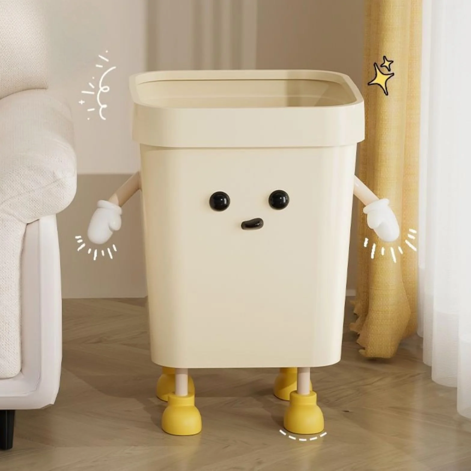 Poubelle mignonne 7L PP dessin animé avec yeux mains jambes panier déchets ouvert cuisine bureau
