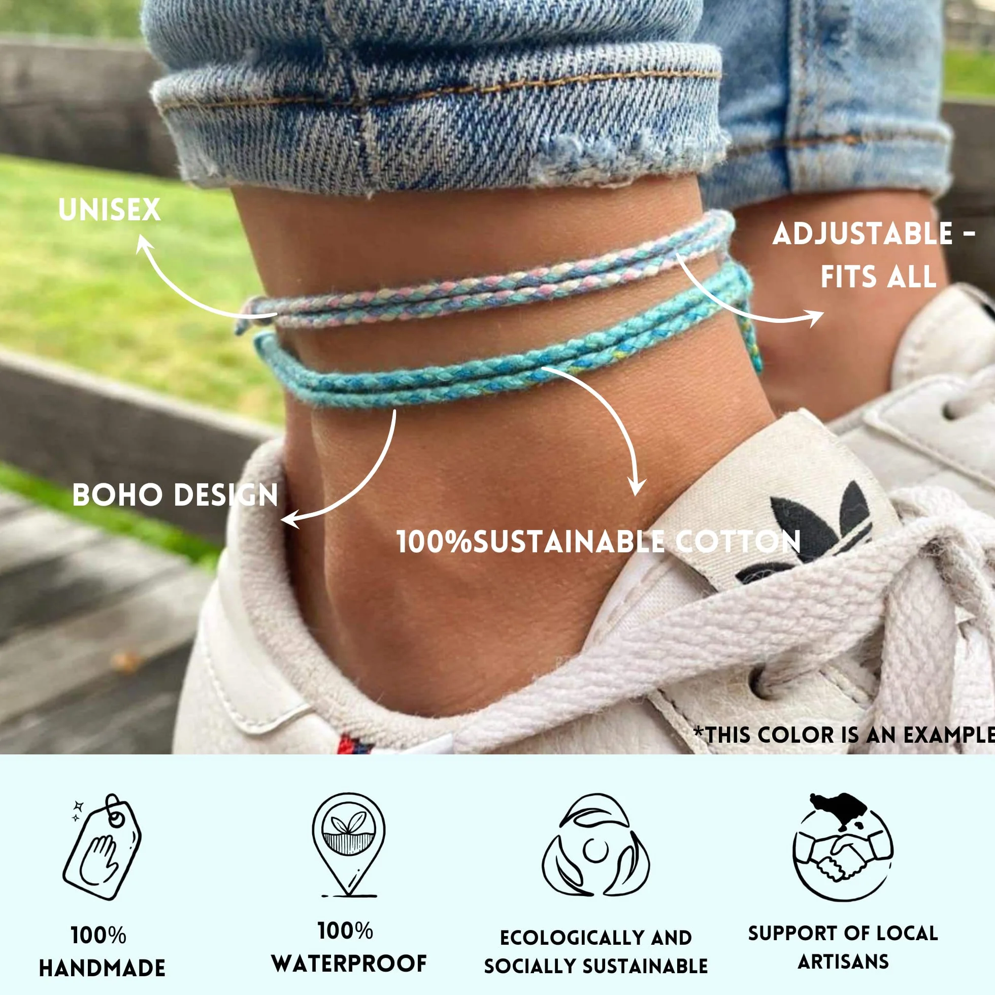 Bracelet de cheville boho hippie en coton écologique imperméable ajustable pour hommes et femmes - Set 2 pièces (Blanc & Jaune, Bleu)