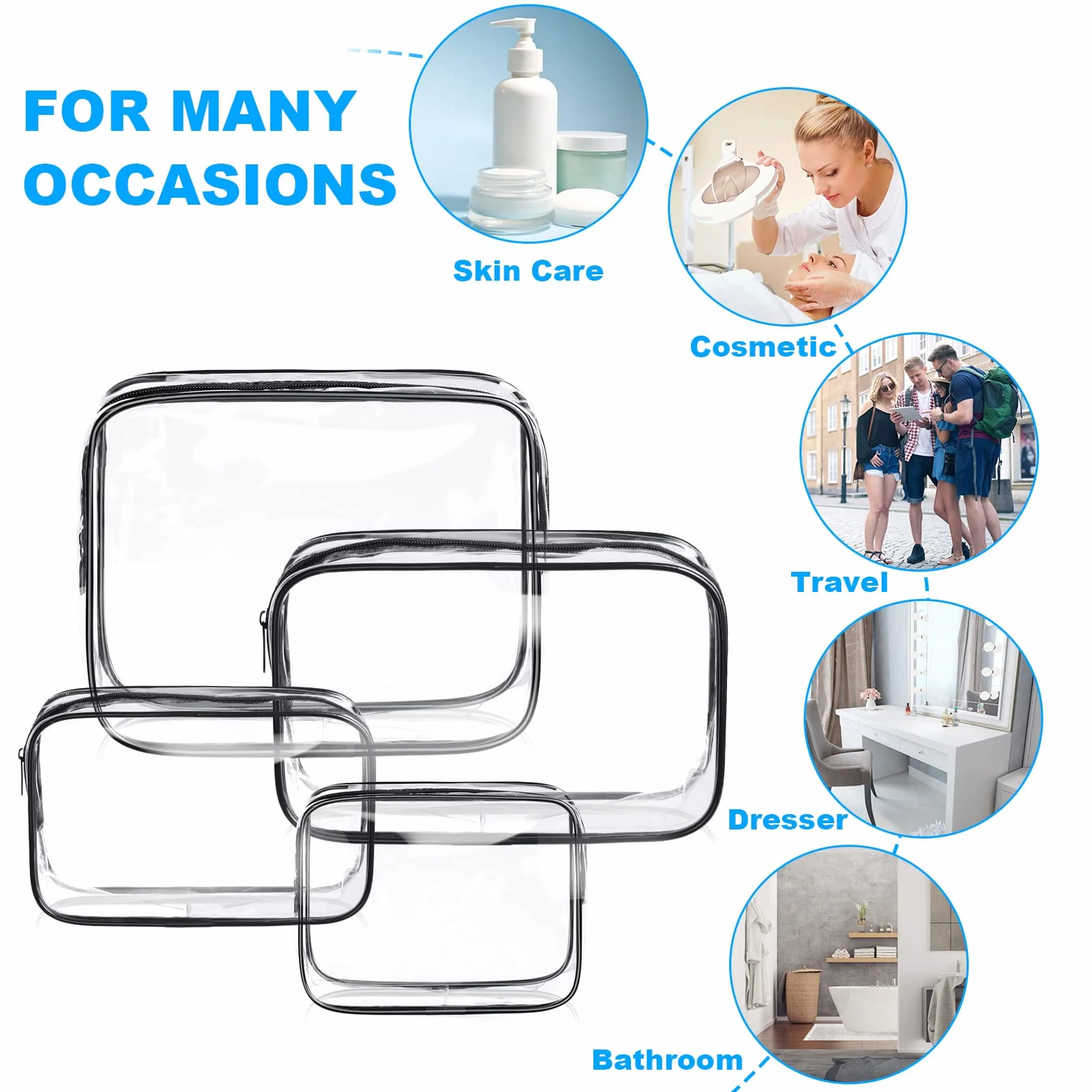 Aucuu Trousse de Toilette Transparente PVC Étanche Kit de Voyage Avion Sac de Rangement Cosmétiques