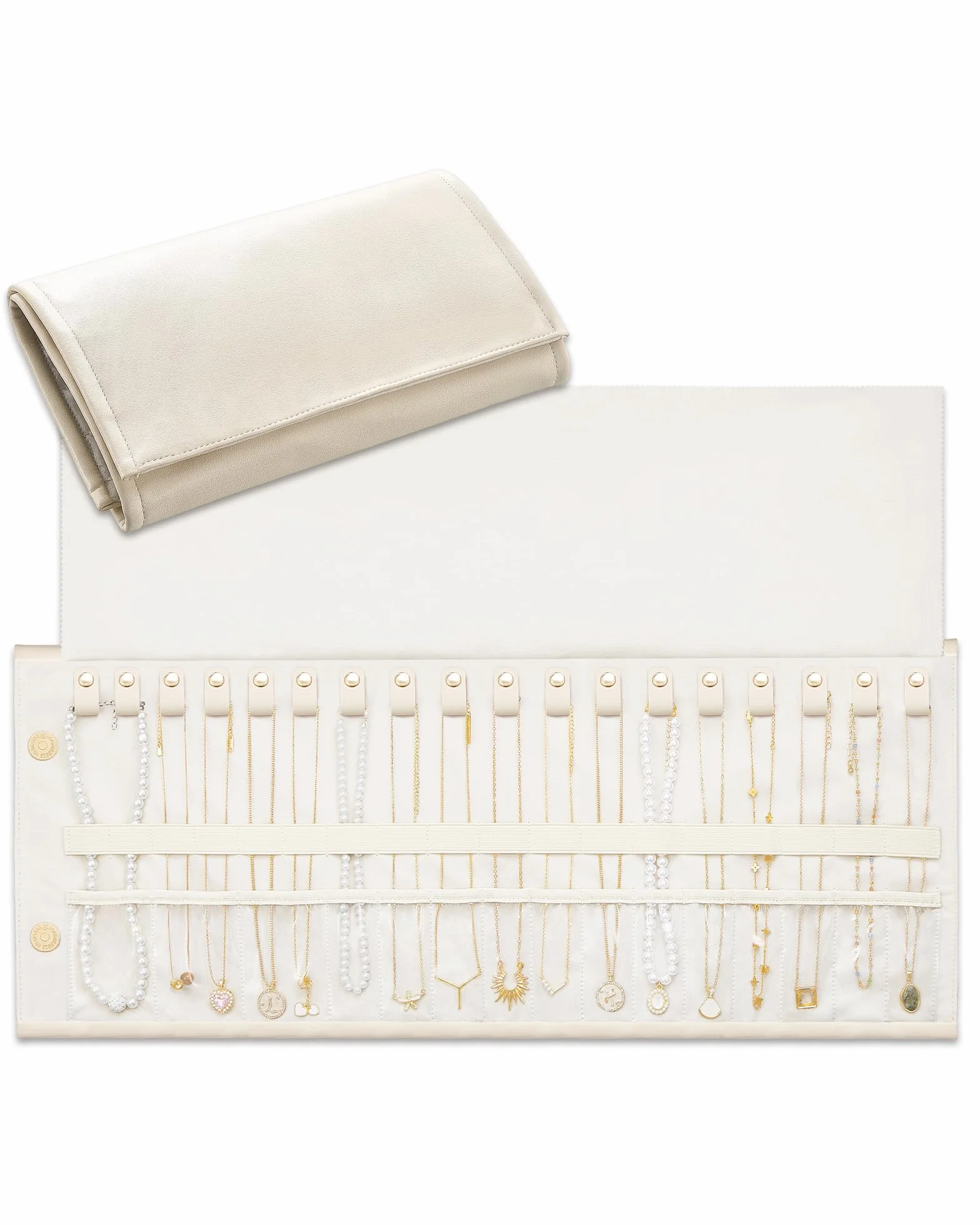 Lolalet Organisateur de Colliers de Voyage Anti-Emmêlement, Pochette Rouleau à Bijoux avec Crochets Individuels, Étui pour 18 Colliers - Crème