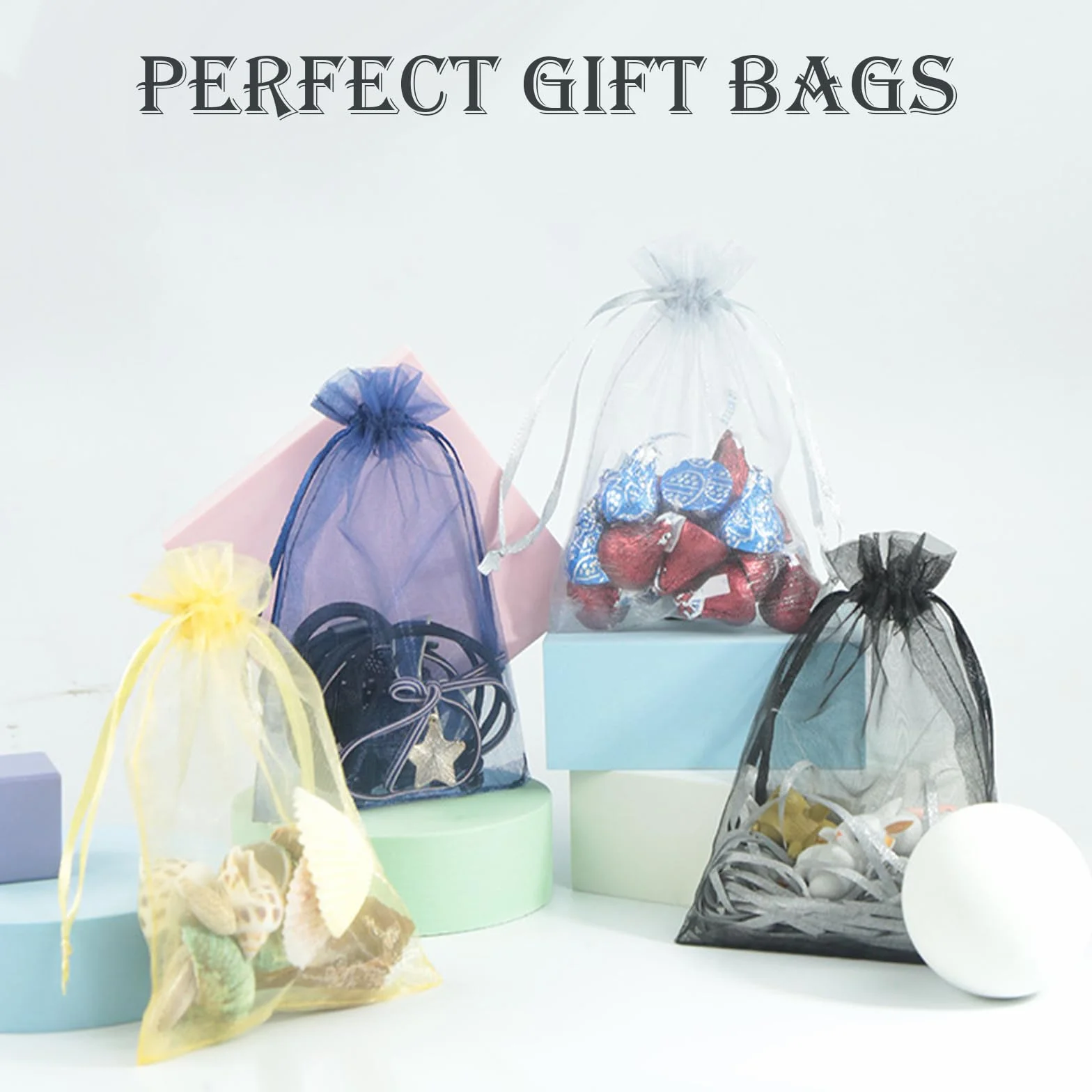 POPOYU 100Pcs Organza Sachet 7x9cm Tulle Dragées Jewellery Drawstring Bag