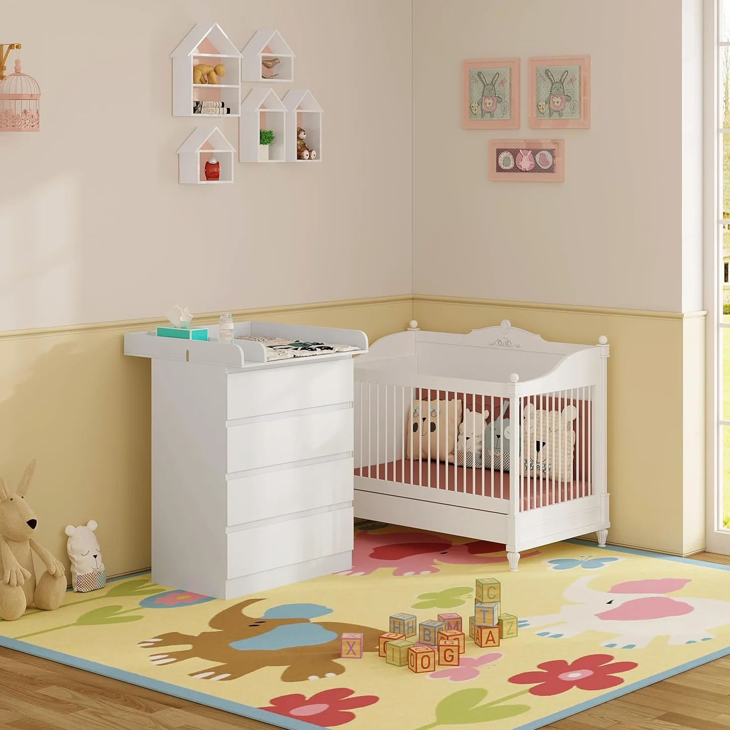 WOLTU Table à Langer Commode 4 Tiroirs Meuble Bébé Bois d'Ingénierie Blanc Brillant 80x75x109,2cm
